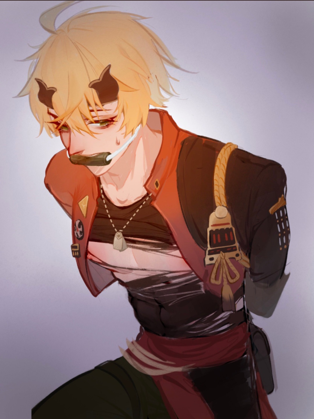 gag, genshin impact, ginger, male, male only, nipples, orange hair, solo male, thoma (genshin impact), torn clothes