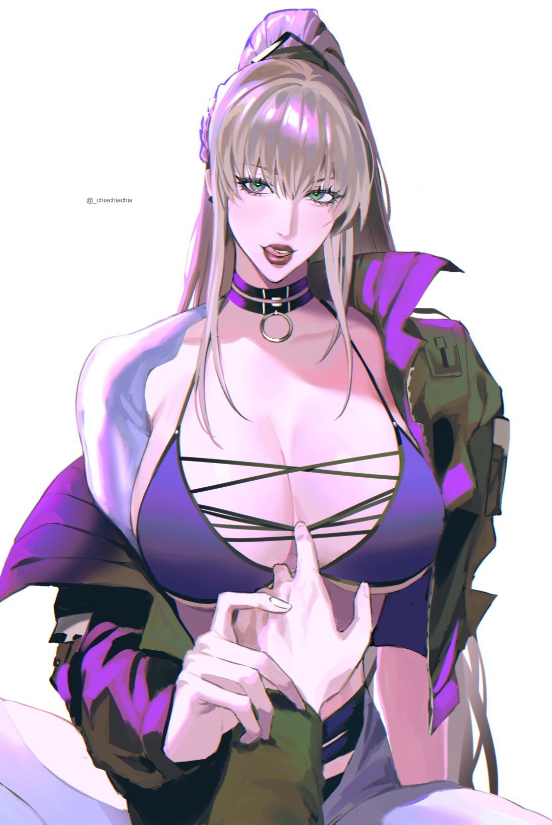 bai_yi_(path_to_nowhere) big_breasts big_breasts breasts breasts chiachiachia choker clothed clothes clothing female_focus flirt flirting jacket licking_lips long_hair path_to_nowhere pov pulling_clothing silver_hair string string_bra stripping tease teasing