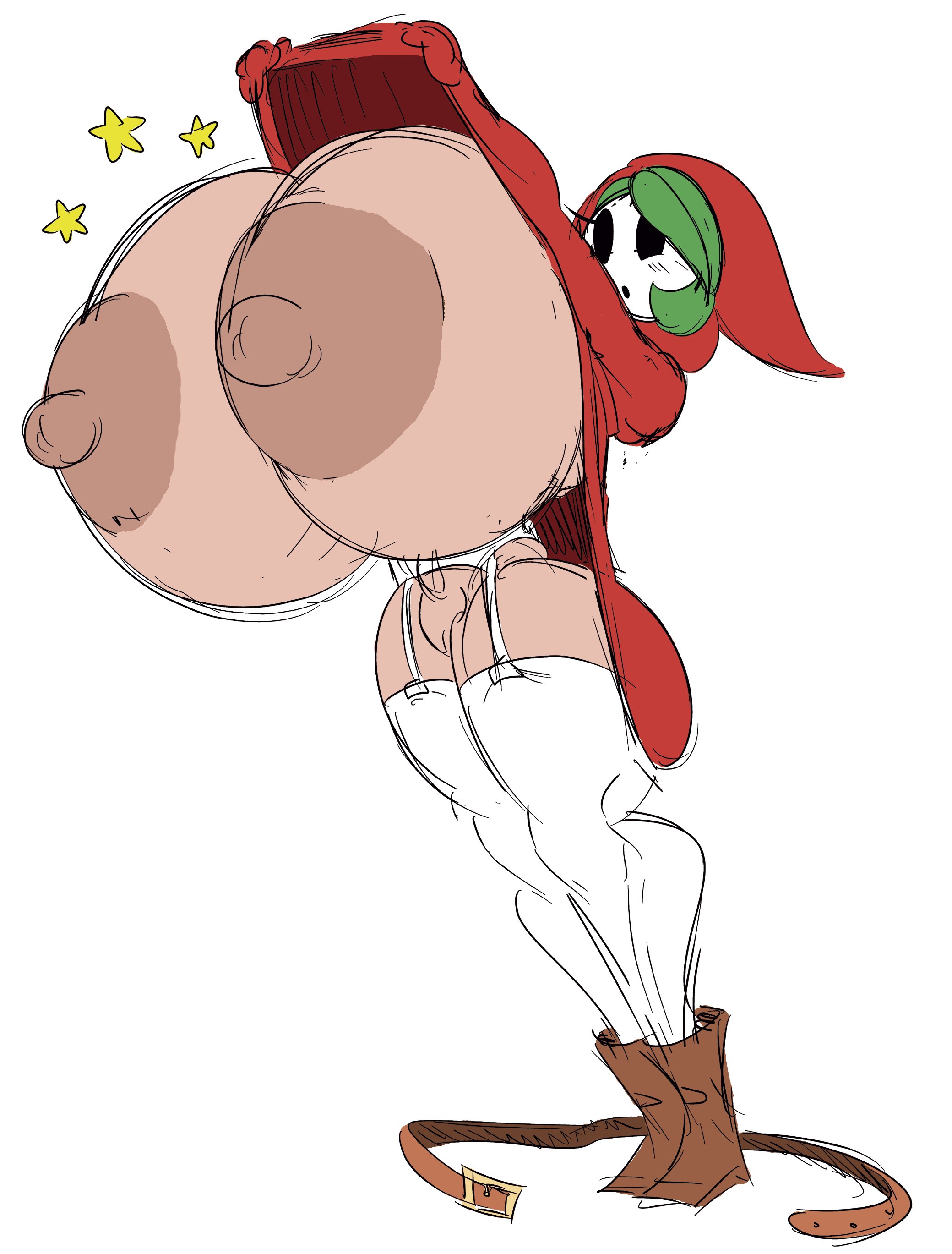 areola, arms up, belt, big breasts, boots, breasts, color, female, green hair, huge breasts, hyper breasts, mario (series), mask, nintendo, nipples, presenting, presenting breasts, red clothing, shirt, shirt lift, shirt up, shy gal, tagme, tasteofchoklit, thick thighs, white background