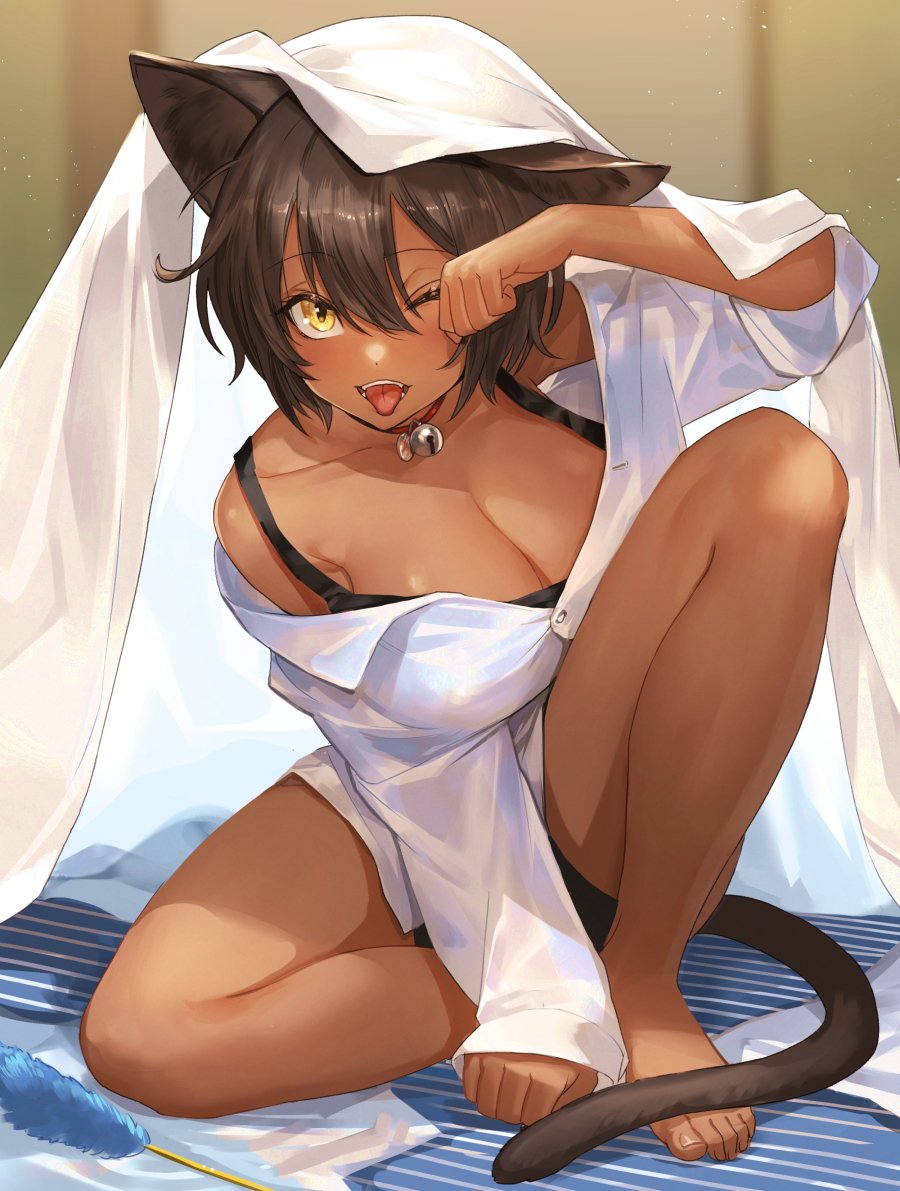 animal ears, artist request, barefoot, bell choker, bell collar, brown hair, cat ears, cat girl, catgirl, feet, female, nnima