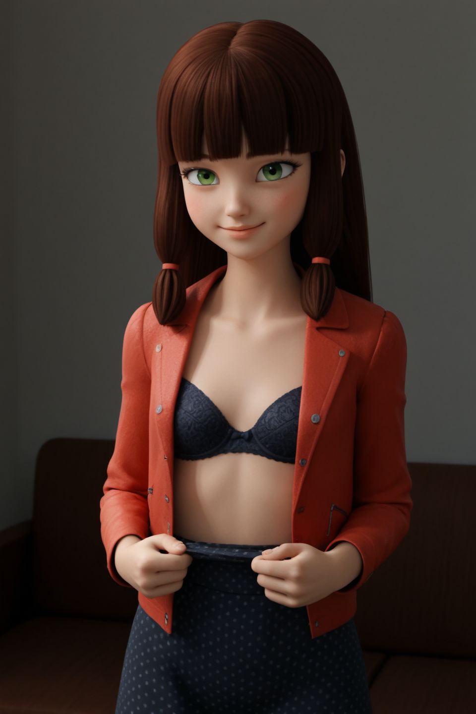 ai_generated black_bra bra brown_hair dotted_skirt green_eyes lila_rossi miraculous_ladybug open_shirt skirt smiling tagme