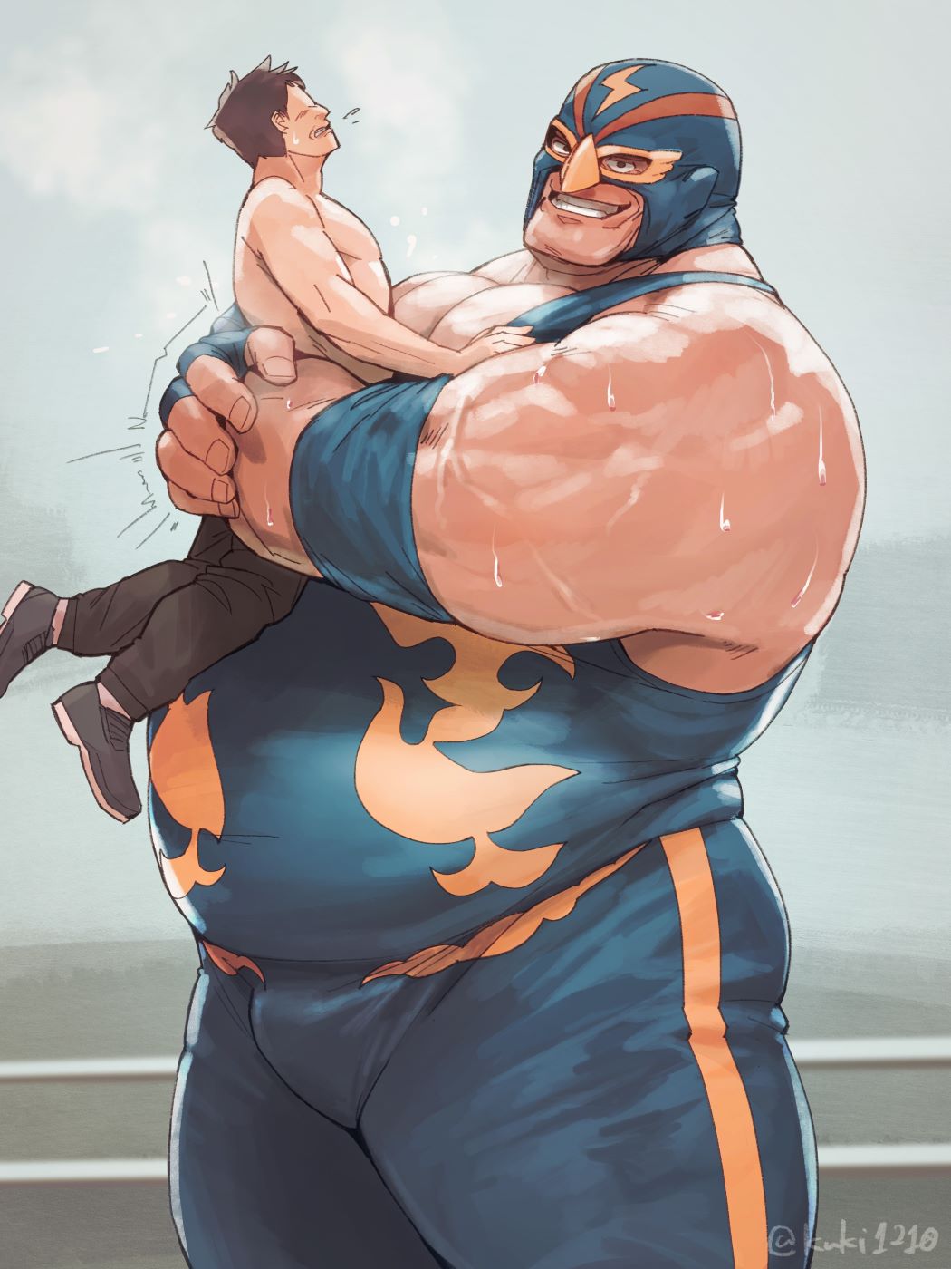 bara bulge fatal_fury flaccid king_of_fighters kuki1210 lifting_person male male_only musclegut muscles muscular muscular_male raiden_(snk) size_difference snk sweat sweating wrestler