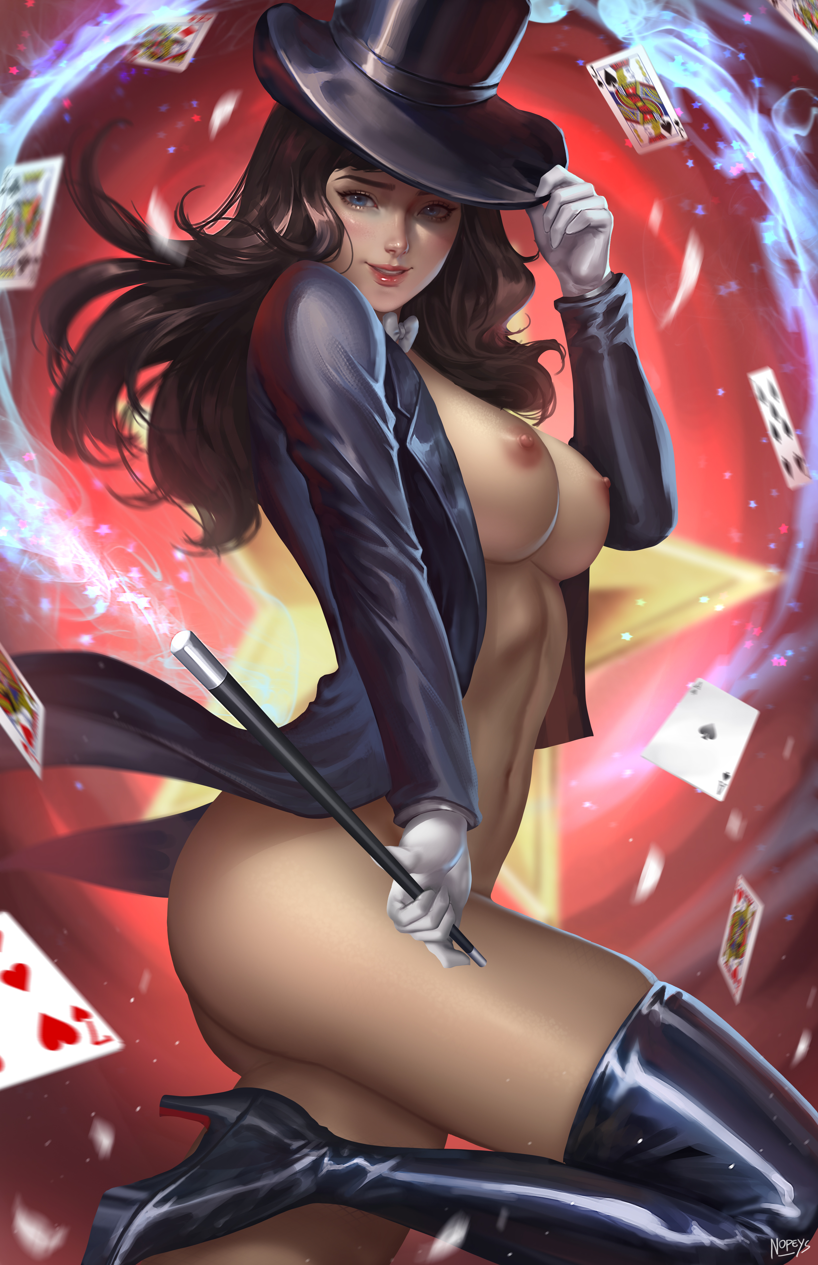 belly button, black hair, bottomless, bow, bowtie, breasts, casual, clothing, clothinge, dc, dc comics, female, footwear, handwear, headwear, high heel boots, human, loose hair, magic, magic wand, magician, naked footwear, nipples, nopeys, outerwear, pale skin, partially clothed, playing card, red background, star, straight hair, suit, tagme, top hat, zatanna, zatanna zatara