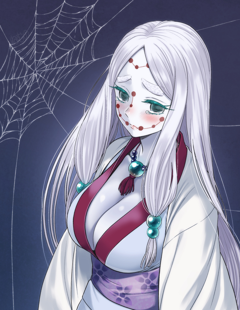 artist request, big breasts, blush, breasts, cleavage, clothing, demon, demon girl, demon slayer, facial markings, female, female only, hair ornament, kimetsu no yaiba, kimono, long hair, milf, mother spider demon, necklace, nemunonemu, obi, sad, solo, tears, thick eyebrows, white hair, white skin, worried