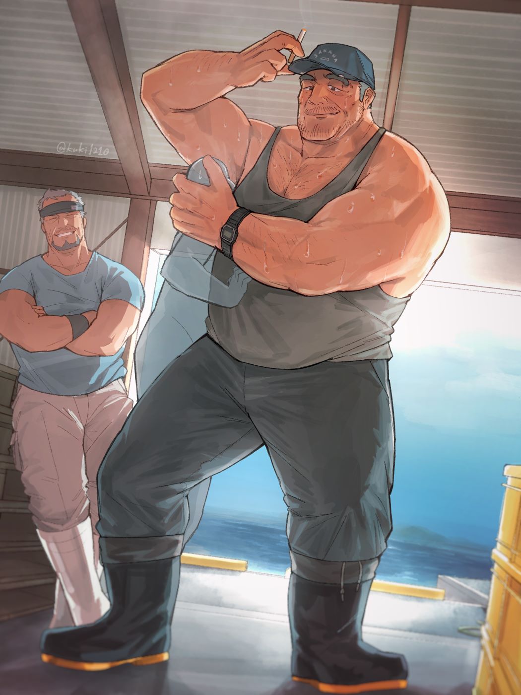 armpit armpit_fetish armpit_sniffing bara blush clothing dad_bod face_in_armpit fully_clothed gay kuki1210 male male_only muscular_male musk sweat sweating