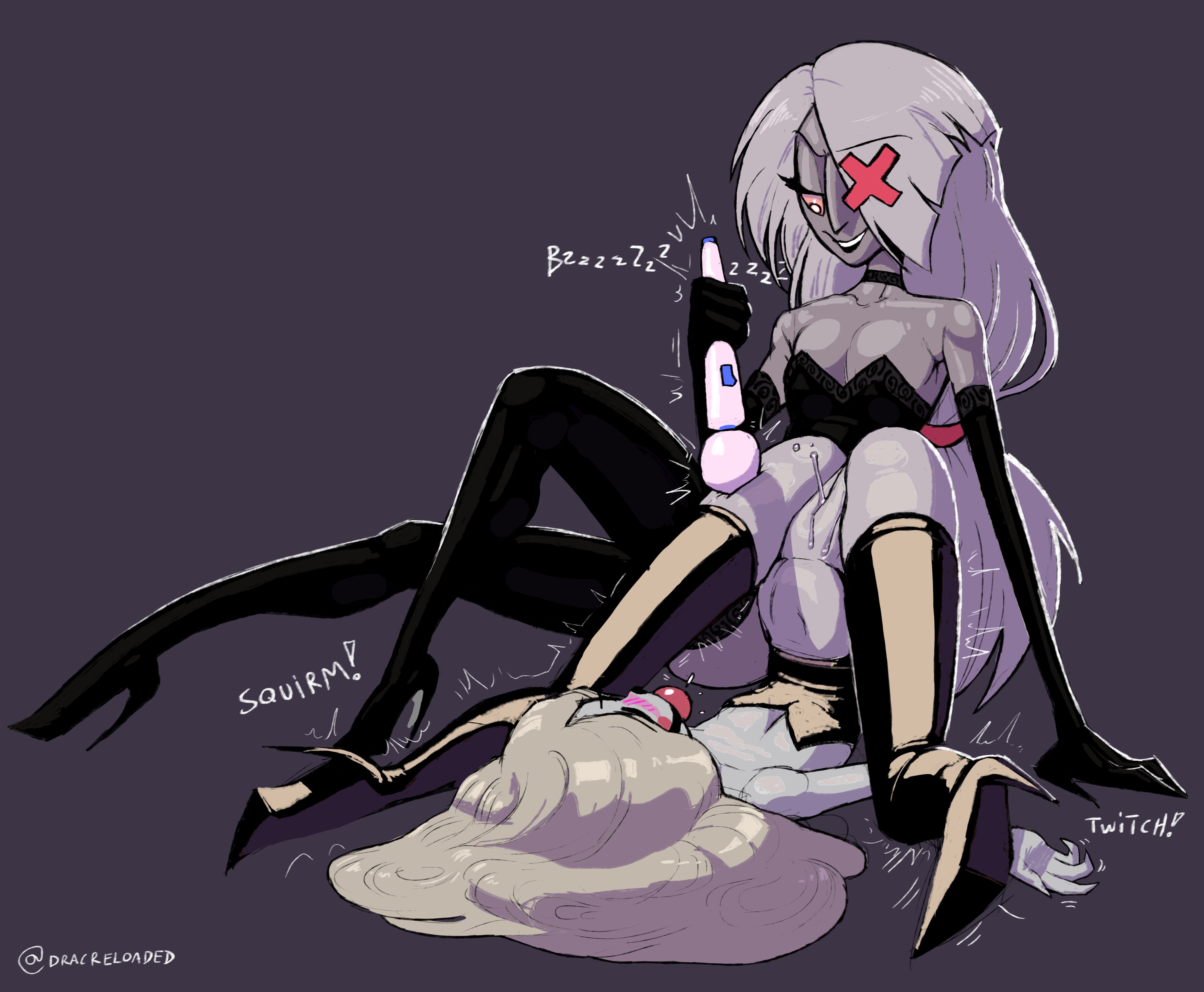 2girls, blonde hair, bottomless, charlie morningstar (hazbin hotel), digital drawing (artwork), digital media (artwork), dracreloaded, female, grey body, grey skin, hairless pussy, hazbin hotel, high heel boots, high heels, high resolution, hitachi magic wand, light skin, light-skinned female, long hair, missing eye, multiple females, multiple girls, no panties, pale skin, pale-skinned female, pussy, pussy juice, pussy juice drip, straight hair, teasing, thigh boots, vaggie (hazbin hotel), wet pussy, white body, white hair, white skin, yuri