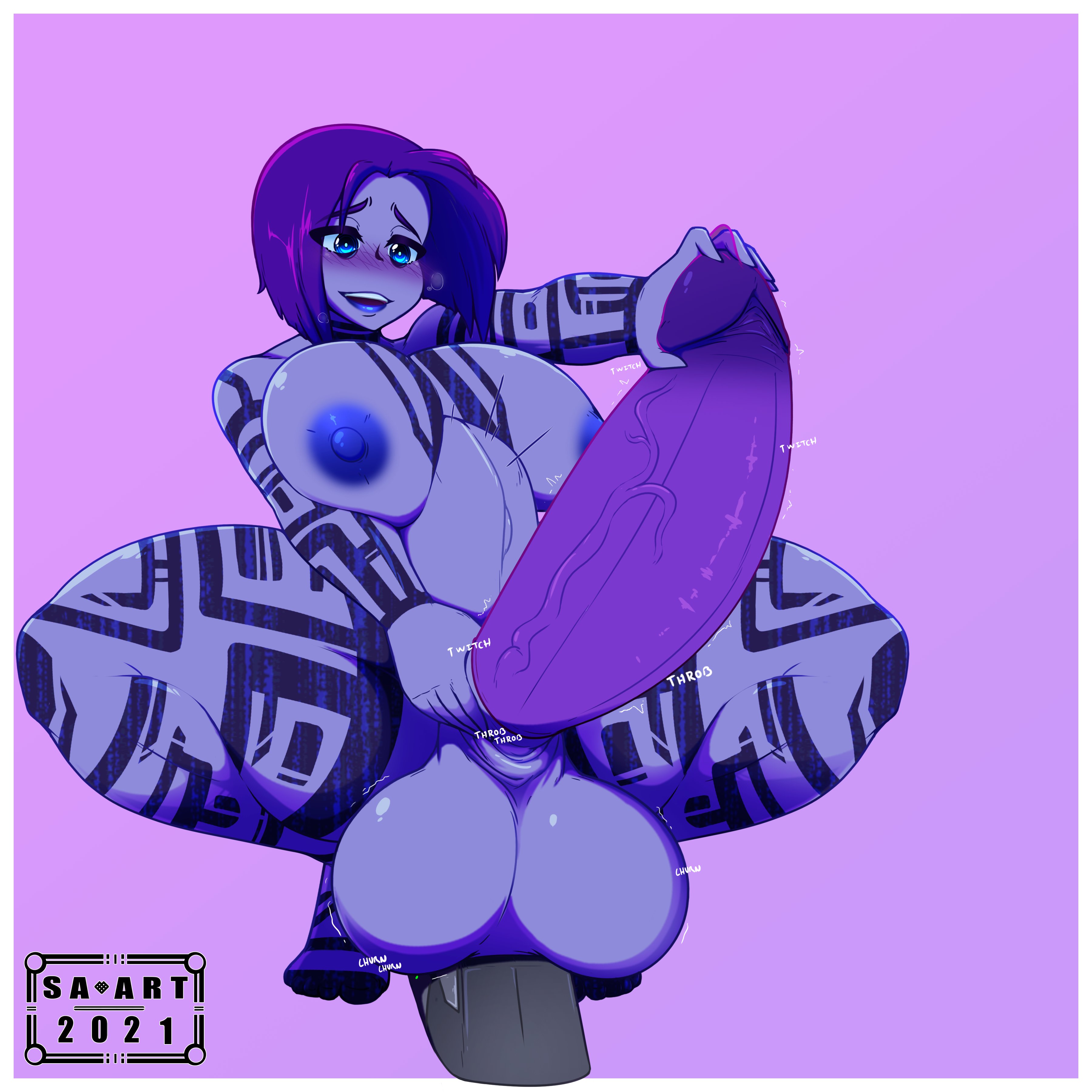 1boy, 1futa, 2d, areolae, artificial intelligence, balls, blue skin, breasts, condom, condom on penis, cortana, dark skin, dark-skinned futa, dickgirl, erect nipples, erection, futa only, futanari, halo (series), huge breasts, huge cock, humanoid, humanoid penis, hyper, hyper balls, hyper penis, insertion, intersex, male, male on futa, masturbation, nipples, nude, penis, sex toy, solo, squatting, stomach bulge, strangeazian, wide hips