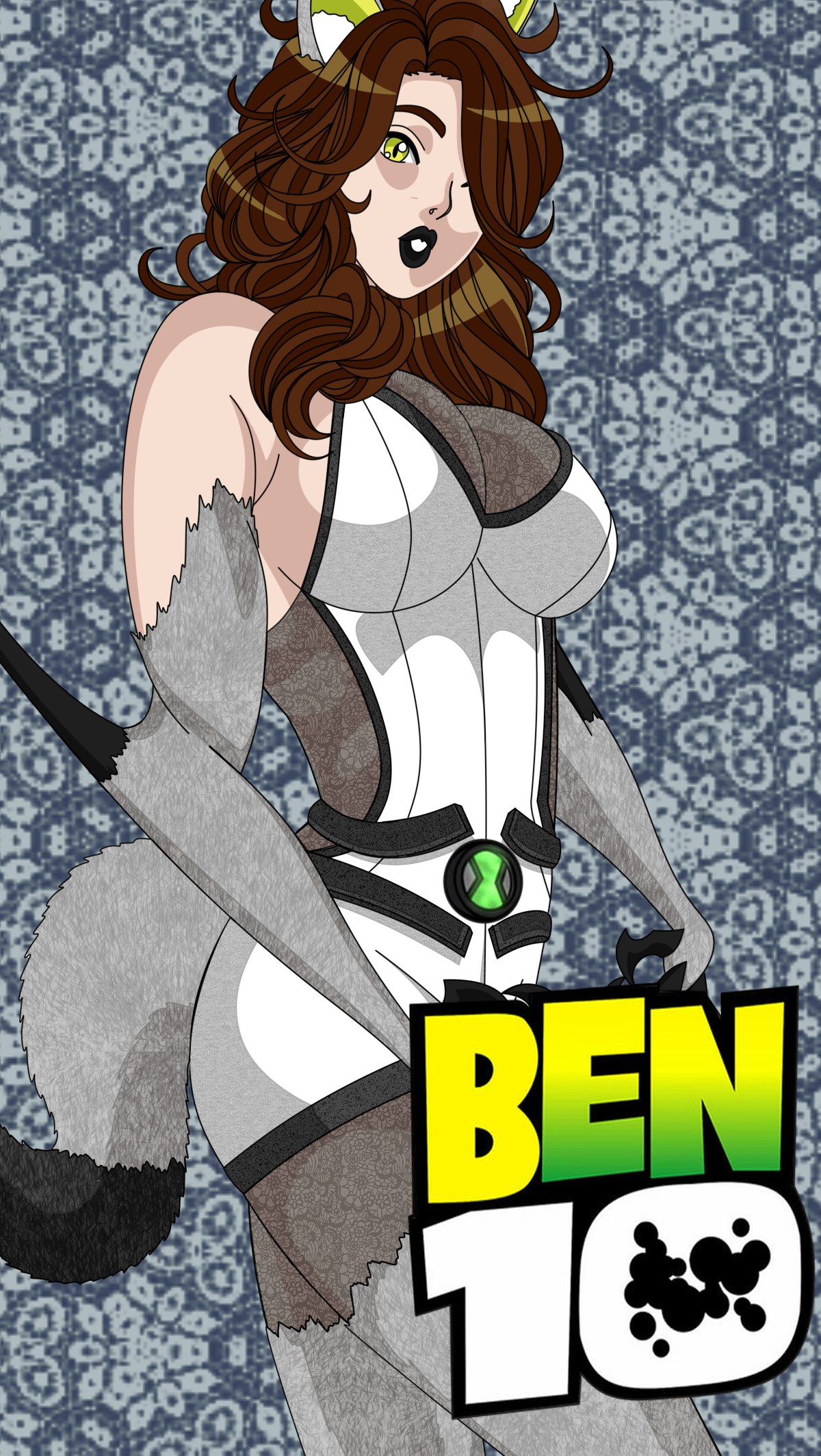 1girls, alien, alien girl, ben 10, ben tennyson, black lipstick, blitzwolfer, breasts, cleavage, female, female ben, female focus, female only, gender transformation, green eyes, grey fur, large breasts, loboan, long hair, maudxie, mtf transformation, navel, omnitrix, rule 63, slit pupils, solo, solo female, solo focus, thighhighs, transformation, wavy hair, wolf ears, wolf girl, wolf tail