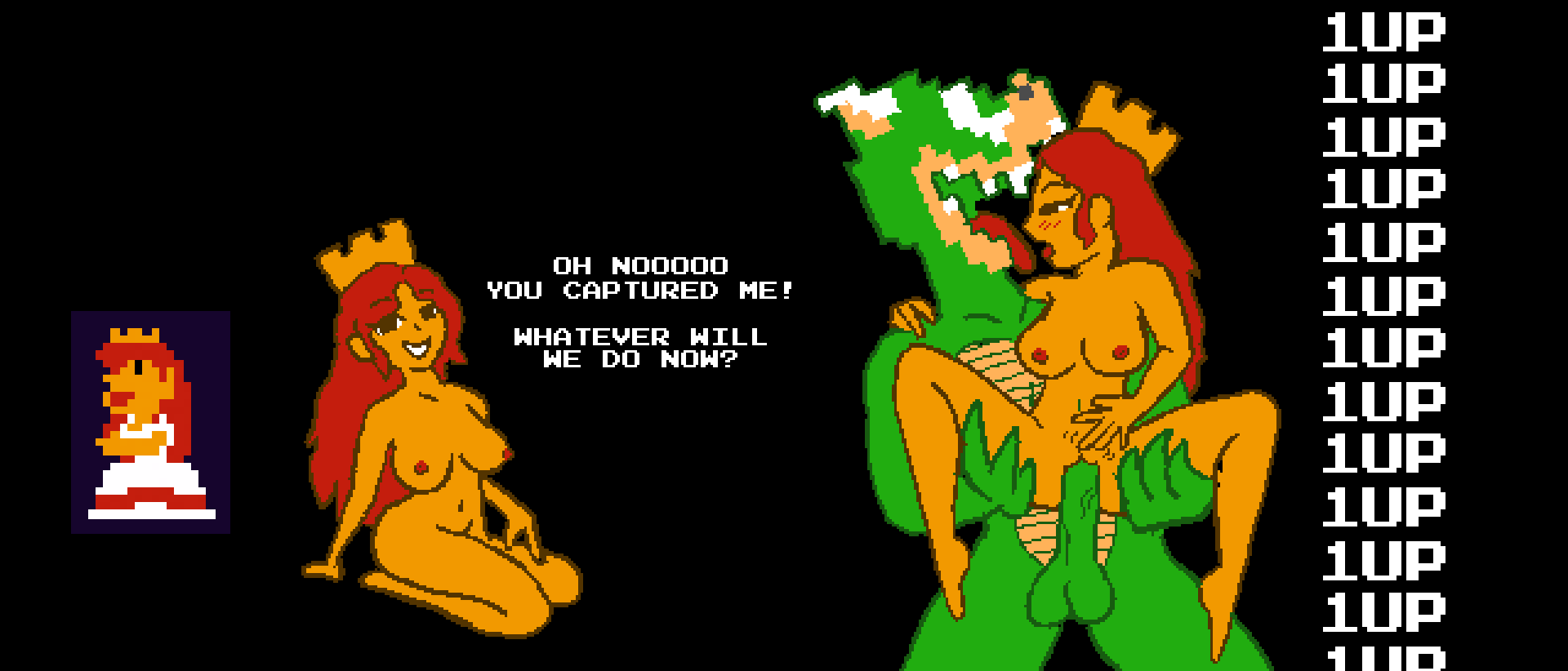 1boy 1girls 1up anthro balls black_background blush blush_lines bowser crown duo female genitals green_balls green_body green_penis green_skin human human_on_anthro interspecies koopa male male/female mario_(series) nintendo nipples penis penis_in_pussy pixel_art princess_peach princess_toadstool pussy reverse_carry_position super_mario_bros._(nes) testicles text white_text