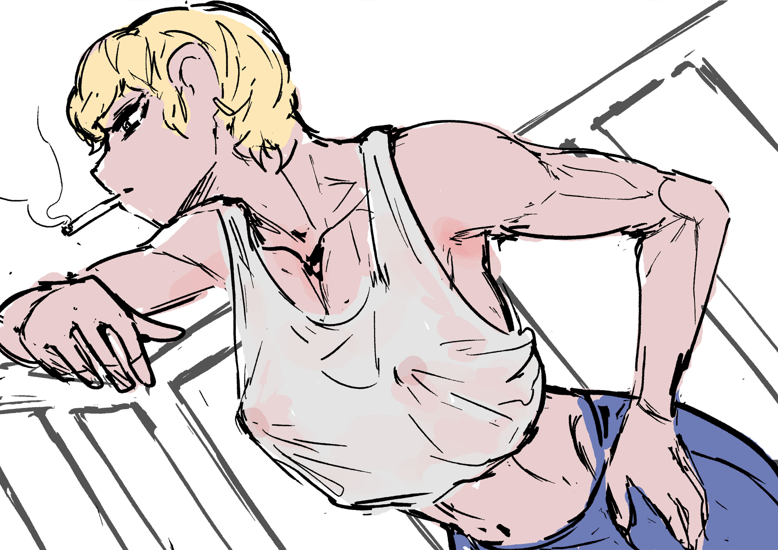 1girls, blonde hair, clothed, clothed female, crop top, crop top overhang, female, female only, hi res, light skin, light-skinned female, looking away, muscular, nipple bulge, original, original character, pants, partially colored, pizzlet, sketch, smoking, solo, standing, tomboy, yellow-haired female