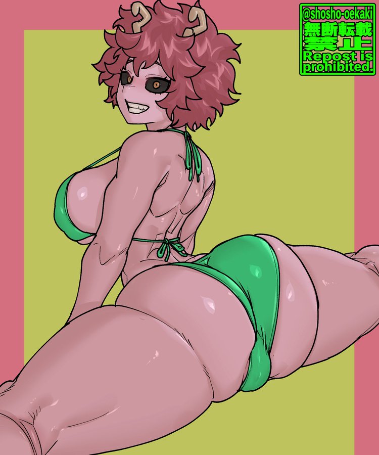 1girls, ass, ass focus, bikini, black sclera, breasts, bubble butt, female, female only, flexible, huge ass, large breasts, leg split, looking at viewer, looking back, mina ashido, my hero academia, pink body, pink hair, pink-haired female, plain background, short hair, shosho oekaki, shueisha, sideboob, simple background, smile, smiling, smiling at viewer, solo, solo female, solo focus, splits, swimsuit, teenage female, teenager, thick thighs, yellow eyes