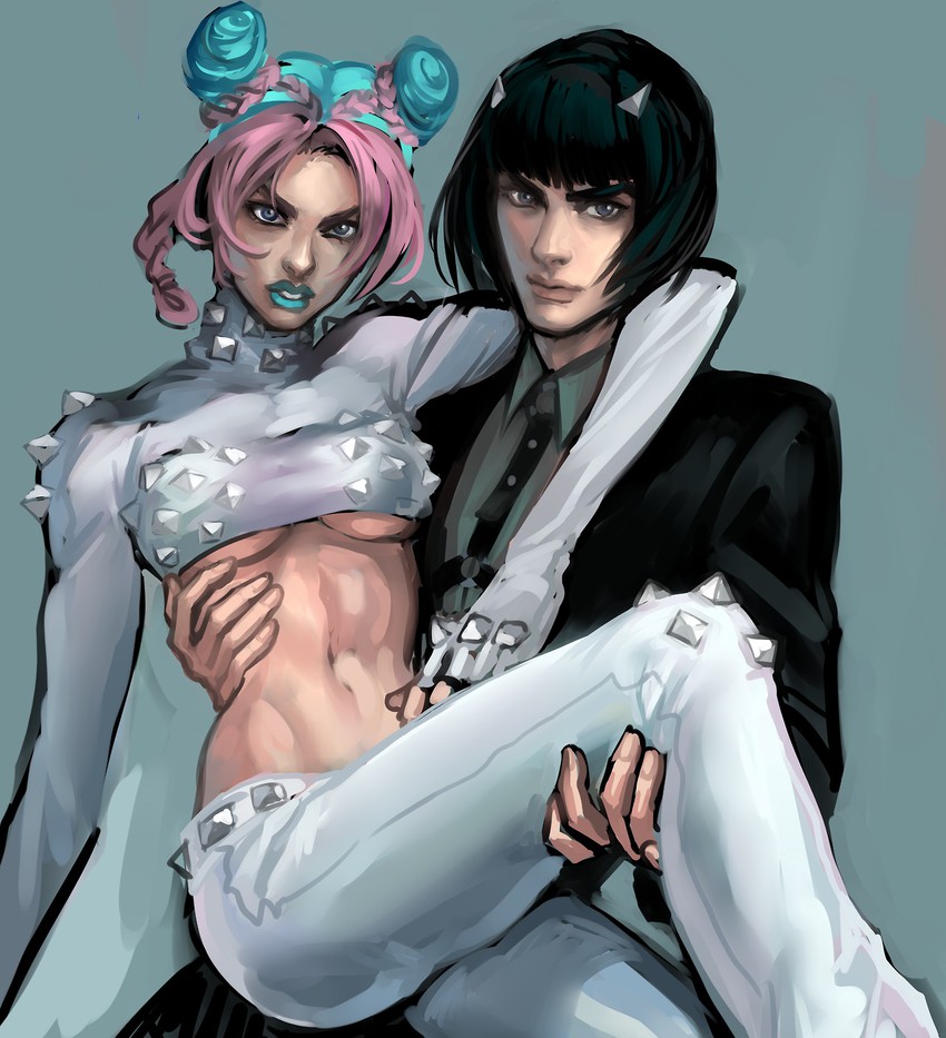 1boy, 1girls, bad id, bad pixiv id, black hair, blue hair, blue lips, breasts, bruno buccellati, double bun, female, hair cones, highres, jojo's bizarre adventure, jolyne kujo, lipstick, makeup, male, medium breasts, midriff, multicolored hair, pink hair, stone ocean, toned, two-tone hair, underboob, vento aureo, ytsuken
