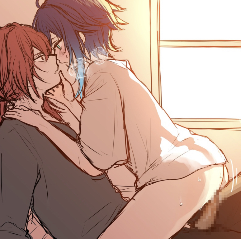 2boys, black hair, blue, blue hair, censored, diluc (genshin impact), eyes, genshin impact, half-dressed, male, male only, mosaic censoring, penis, red, red hair, sweat, thighs, venti (genshin impact), yaoi