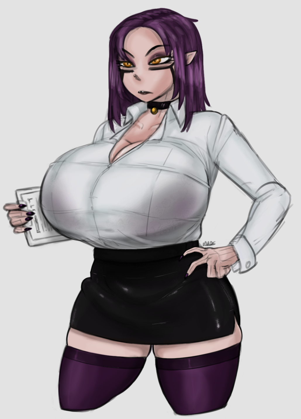 1girls, big breasts, bora (madslads), bra, bra visible through clothes, breasts, choker, clavicle, cleavage, clothed, cup, edit, edited, female, female only, fully clothed, half-closed eyes, hanon (editor), huge breasts, humanoid, madslads, mostly nude, office, office lady, painted nails, pencil skirt, purple hair, see-through, skirt, solo, standing, thick thighs, thighhighs, thighs