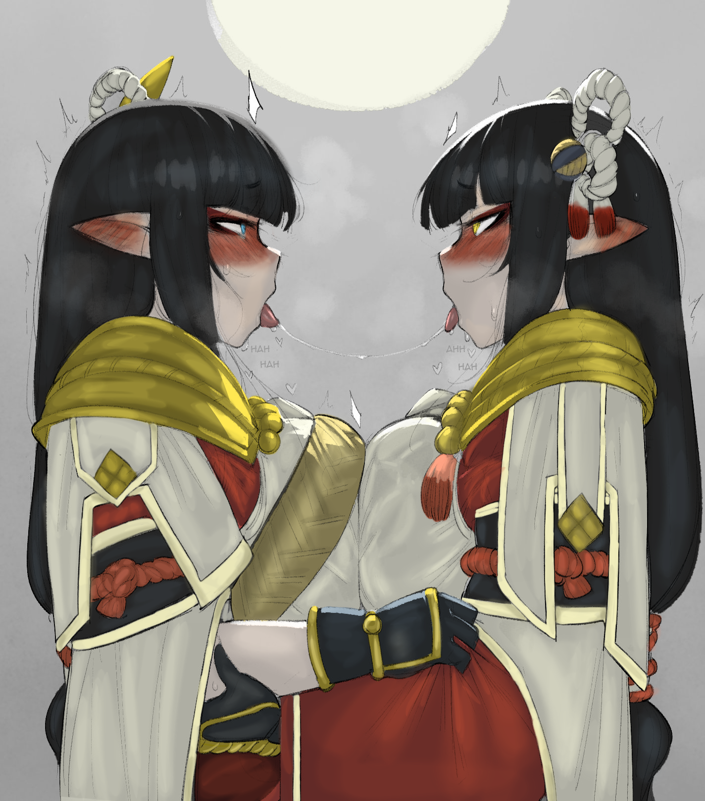 2girls, after kiss, aroused, big breasts, blush, breast press, breasts, capcom, edit, edited, elf ears, eye contact, female, female only, french kiss, greyscale, hanon (editor), hinoa, incest, kissing, krekk0v, minoto, monochrome, monster hunter, monster hunter rise, pointy ears, possession, saliva, saliva trail, sisters, tongue, tongue out, twincest, twins, wyverian, yuri