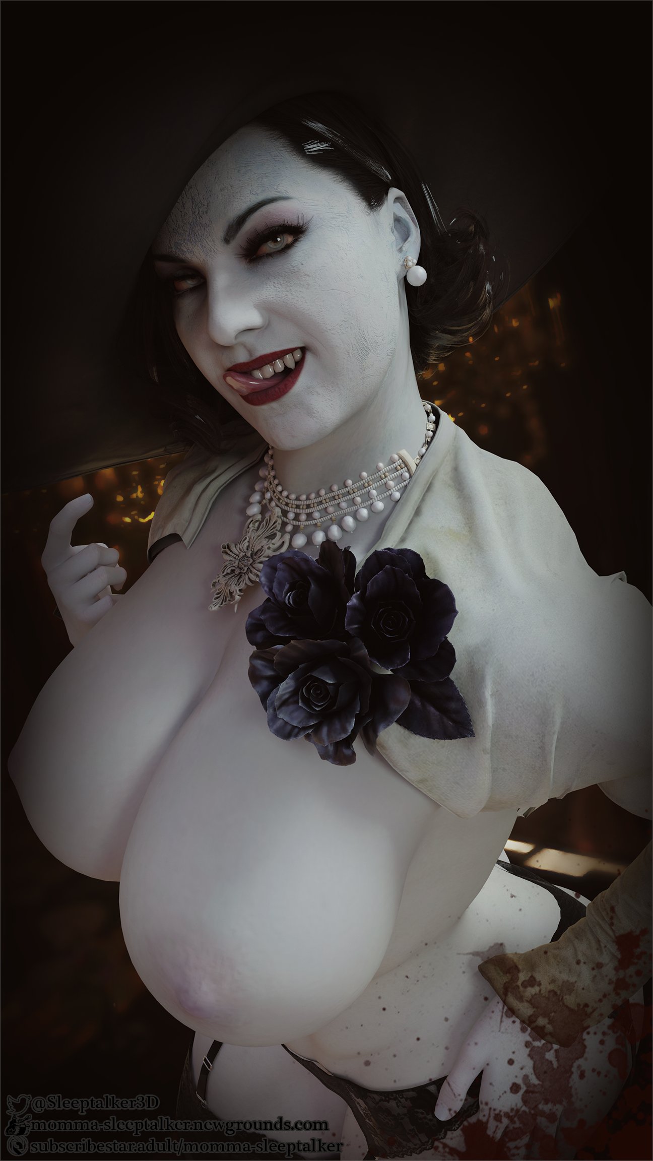 1girls 3d 3d_(artwork) alcina_dimitrescu big_breasts capcom female huge_breasts mature_female milf momma-sleeptalker red_lipstick resident_evil resident_evil_8:_village sharp_teeth solo vampire