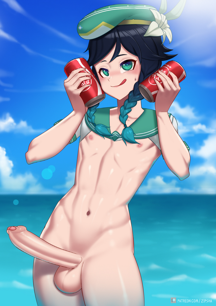 1boy, balls, big penis, black hair, blue hair, cute male, erection, femboy, genshin impact, green eyes, light skin, light-skinned male, looking at viewer, male, male only, pale skin, penis, solo, standing, twintails, venti (genshin impact), zipsha