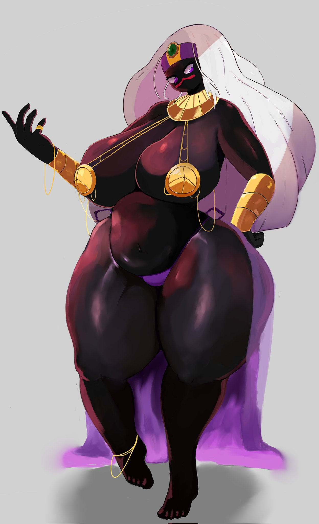 1girls, alien girl, bbw, belly, big thighs, bikini armor, black skin, breasts, chubby, chubby female, dark skin, dark-skinned female, duck dodgers, female, huge breasts, hyper, hyper thighs, imago ic, loincloth, long hair, looking away, martian, purple eyes, queen tyr'ahnee, solo, solo female, thick thighs, voluptuous, white hair, wide hips