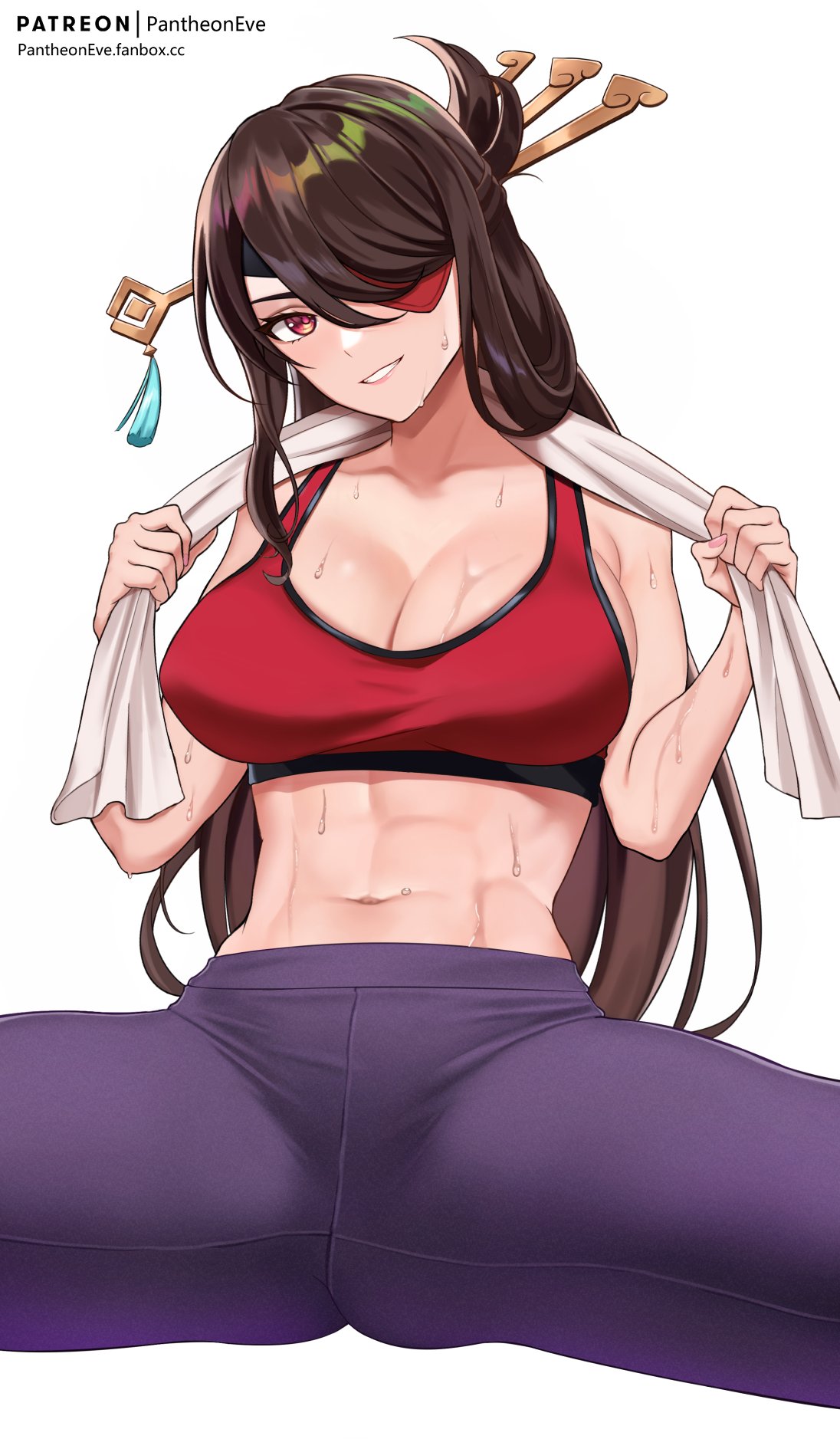 abs beidou_(genshin_impact) breasts brown_hair cleavage collarbone eyepatch female genshin_impact hair_ornament hair_over_one_eye highres large_breasts long_hair looking_at_viewer pantheon_eve pants patreon_username red_eyes red_sports_bra simple_background skin_tight smile solo sports_bra sportswear spread_legs sweat teeth toned toned_female towel towel_around_neck white_background yoga_pants