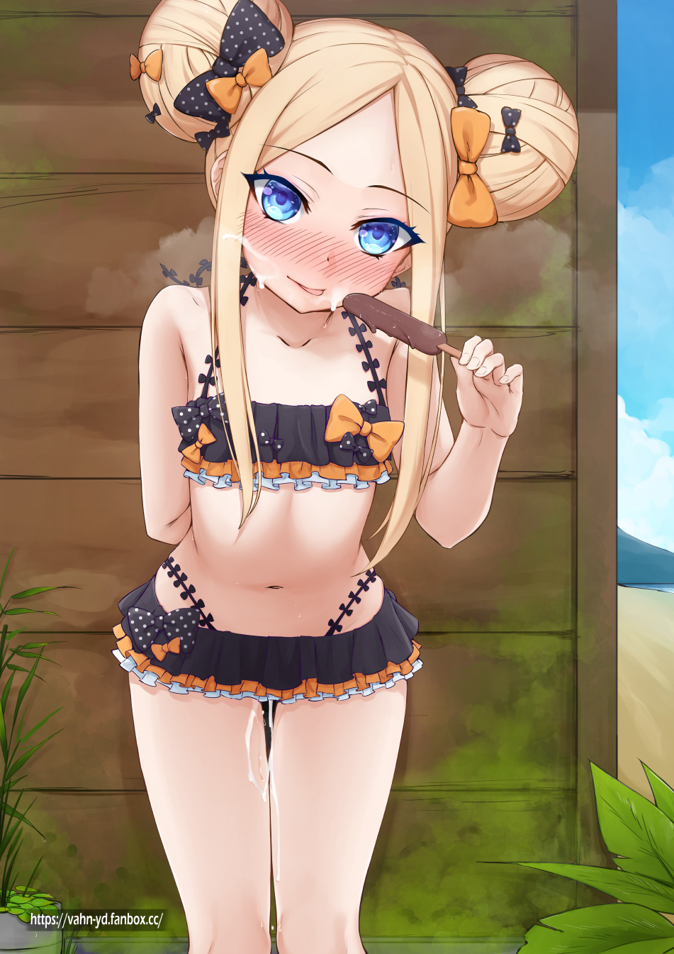 abigail_williams_(fate) abigail_williams_(fate/grand_order) arm_behind_back bangs bare_shoulders bikini black_bikini black_bow blonde_hair blue_eyes blush bow breasts collarbone cum cumdrip double_bun emerald_float facial fate/grand_order fate_(series) female food forehead frilled_bikini frills hairbow highres long_hair looking_at_viewer multiple_bows multiple_hair_bows navel orange_bow parted_bangs polka_dot polka_dot_bow popsicle sidelocks small_breasts smile solo swimsuit thighs tongue tongue_out vahn_yourdoom