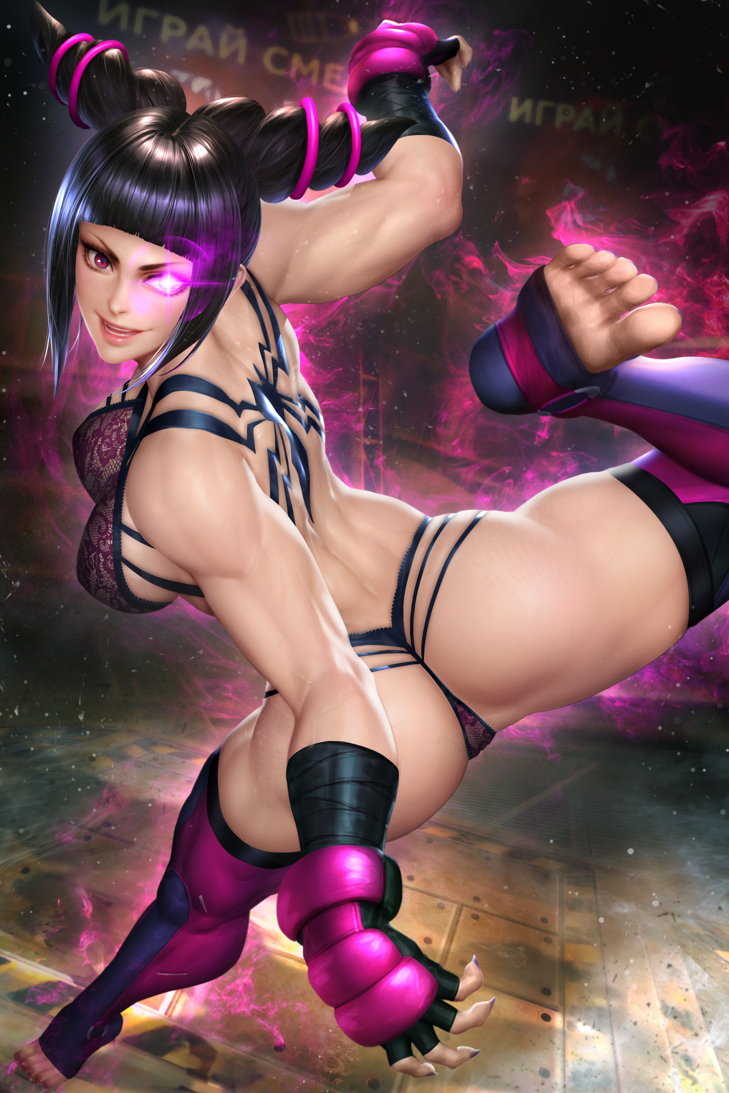 1girls, absurd res, ass, back tattoo, bra, capcom, female, female only, glowing eye, hi res, juri han, lingerie, muscular, muscular female, neoartcore, paid reward, panties, patreon reward, solo, solo female, street fighter, street fighter v, thong