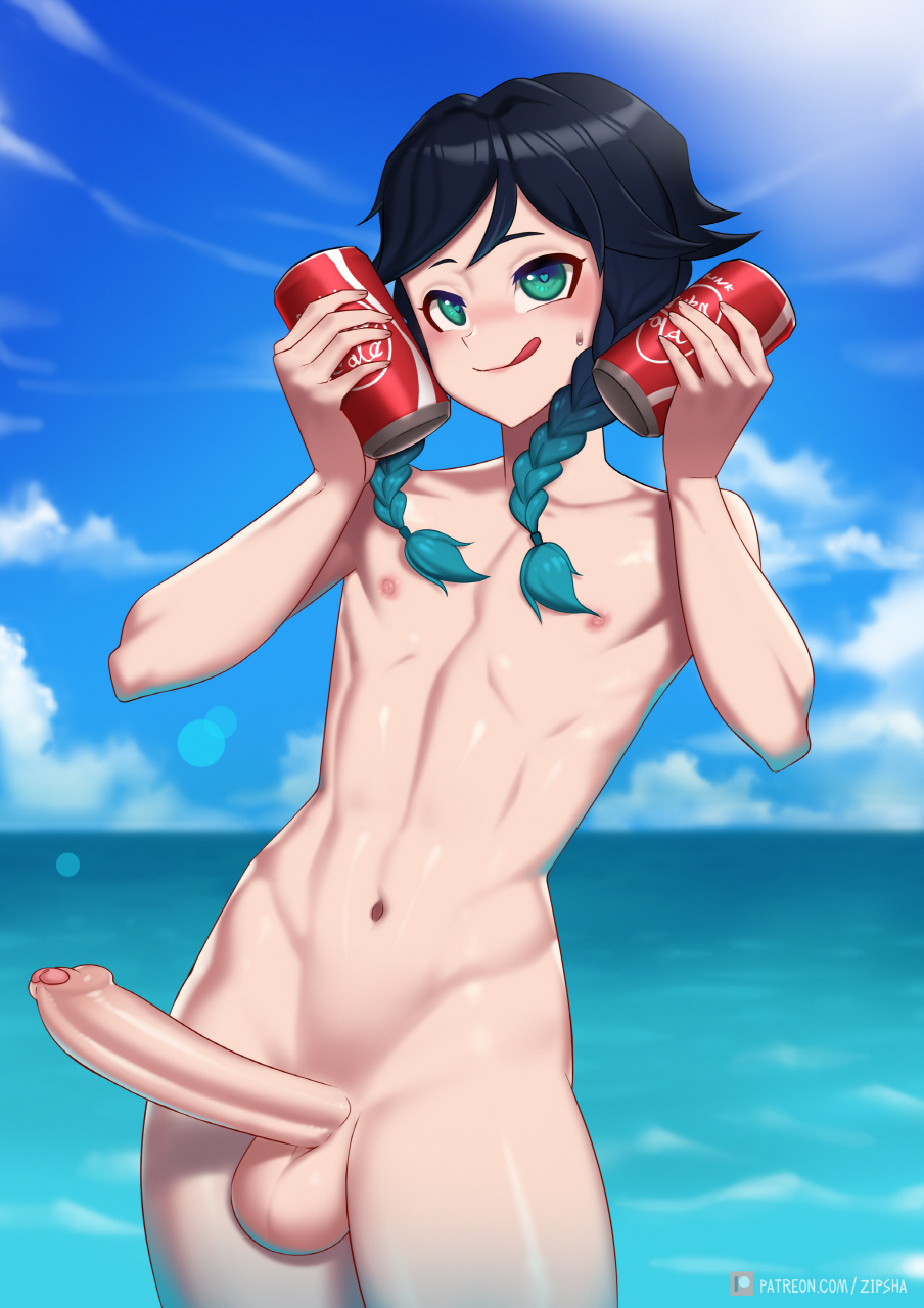 1boy, big penis, black hair, blue hair, erection, femboy, genshin impact, green eyes, looking at viewer, male, male only, penis, solo, twintails, venti (genshin impact), zipsha