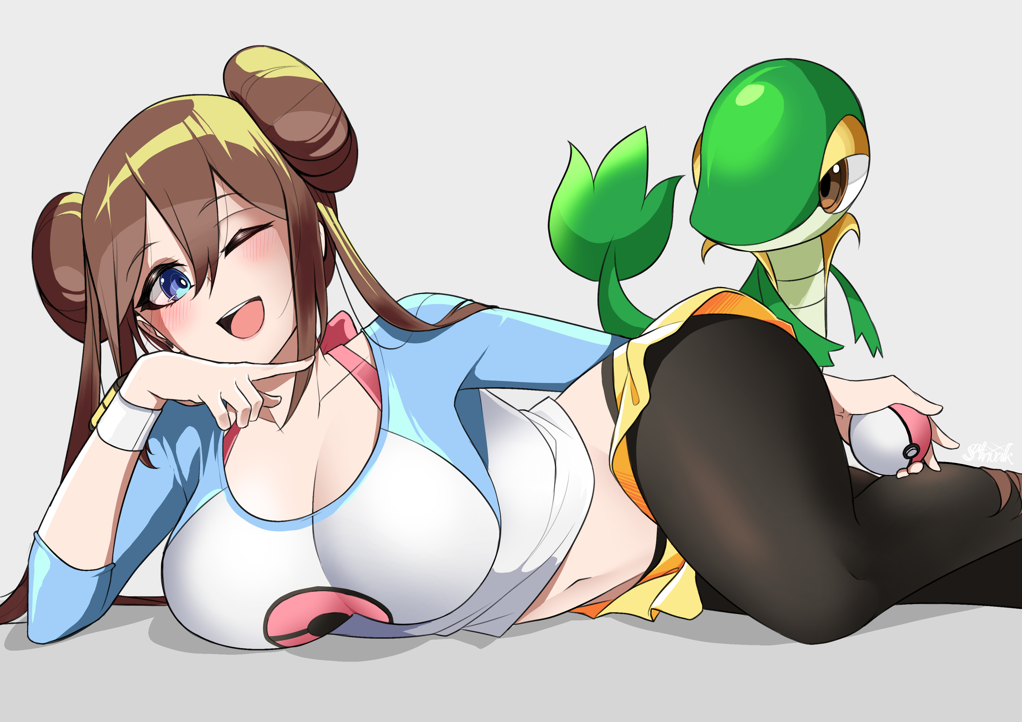 1girls, absurd res, absurdres, big breasts, blush, blushing, bracelet, breasts, brown hair, clothed, clothes, clothing, doughnut hair bun, eye contact, female, hi res, high resolution, highres, human, long hair, looking at viewer, navel, nintendo, pantyhose, pokeball, pokemon, pokemon (species), pokemon bw, pokemon bw2, pose, rosa (pokemon), saltnvalk, shirt, skirt, snivy, tagme, twintails, wide hips, yellow skirt