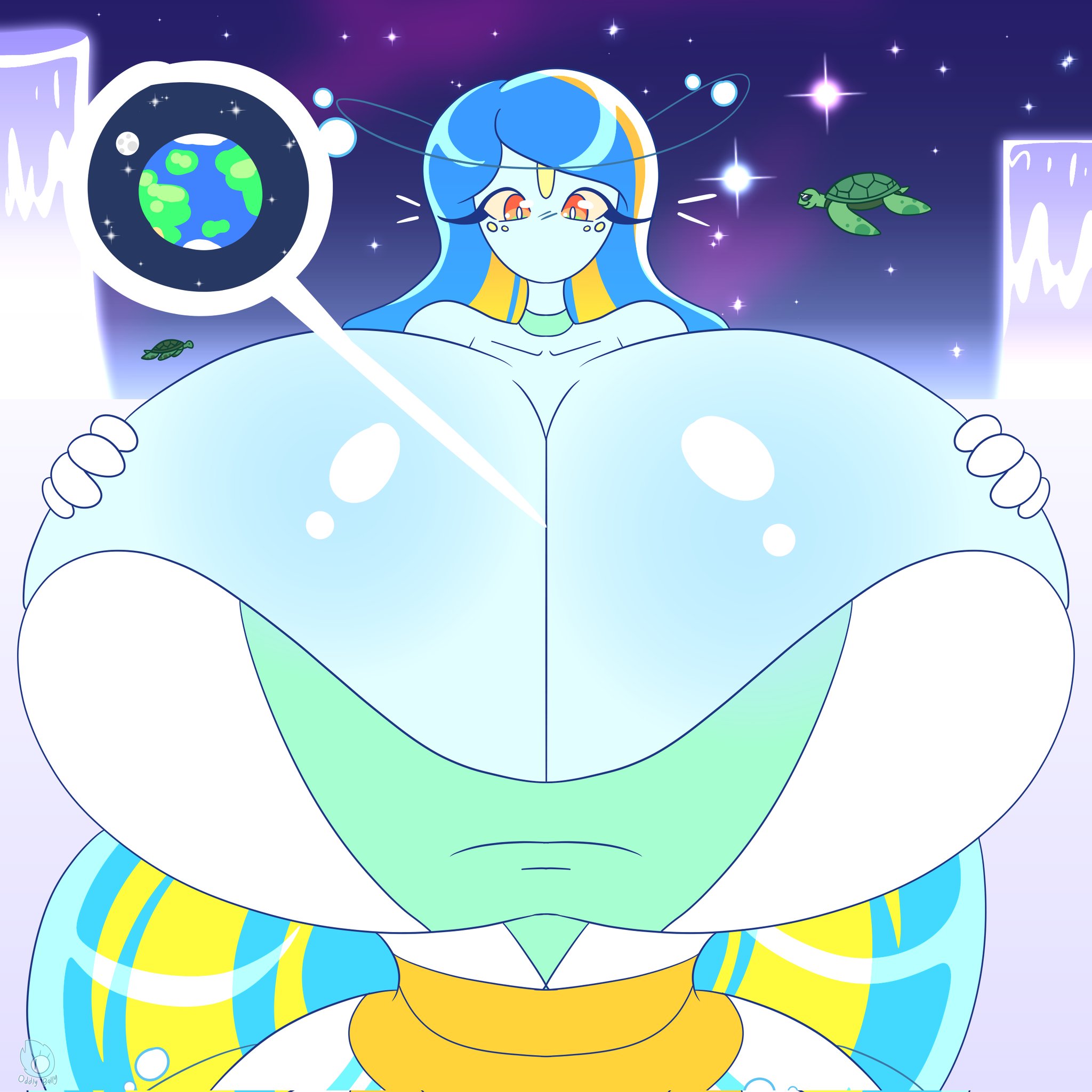 1girls, 2021, alien, big breasts, breasts, cleavage, cute, enormous breasts, female, female only, giant breasts, hi res, highres, huge breasts, ms. universe (oddly bally), naked, no humans, oddly bally, simple background, solo, uncensored, wide hips