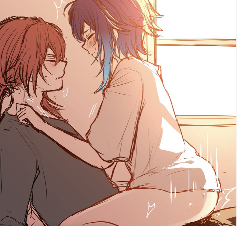 black hair, blue hair, blush, closed eyes, diluc (genshin impact), femboy, gay, genshin impact, half-dressed, male, male only, ponytail, red eyes, red hair, thighs, venti (genshin impact), yaoi