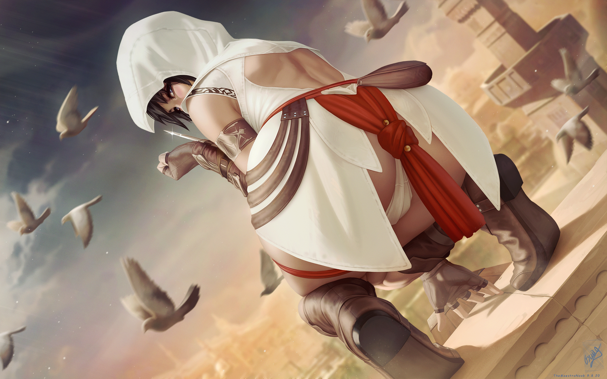 1girls, 2d, ass, assassin's creed (series), big ass, female, female only, hidden blade, hood, large ass, looking at viewer, looking back, panties, solo, solo female, themaestronoob, thick thighs, ubisoft, wide hips