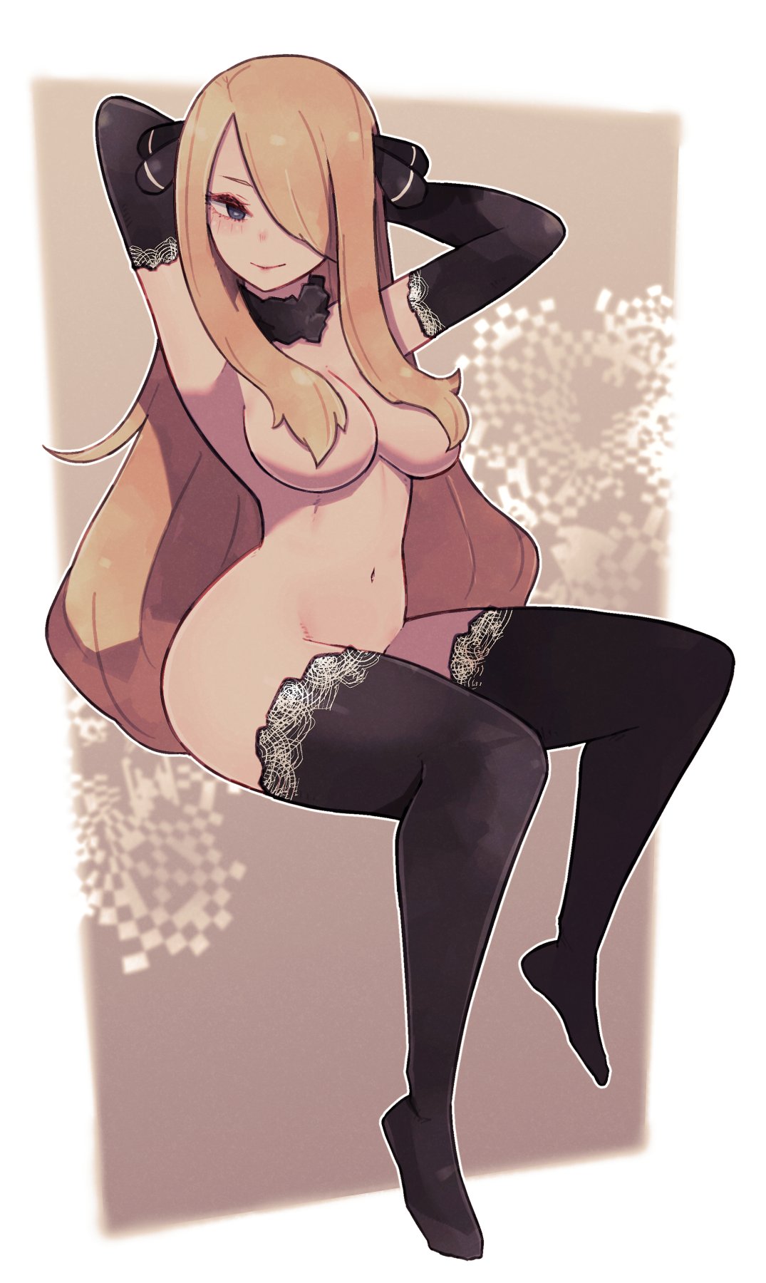 1girls, alternate breast size, arms behind head, black legwear, black thighhighs, blonde hair, blue eyes, blush, border, breasts, closed mouth, clothing, creatures (company), cynthia (pokemon), elbow gloves, female, full body, fur collar, game freak, gloves, hair censor, hair ornament, hair over breasts, hair over one eye, highres, lamb-oic029, large breasts, long hair, navel, nintendo, nude, nude female, pokemon, pokemon (game), pokemon dppt, smile, solo, spread legs, stockings, thighhighs, very long hair, white border, wide hips