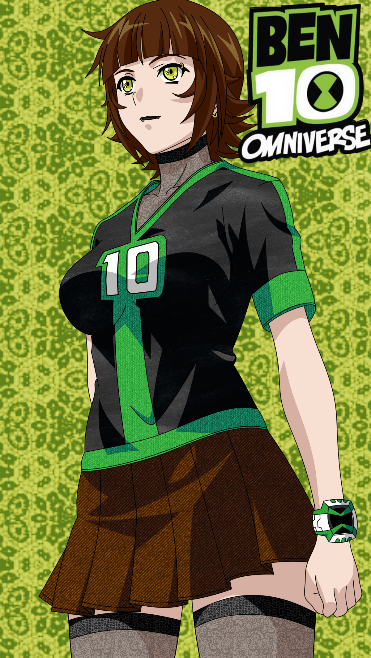 1girls, 2021, 2d, 2d (artwork), ben 10, ben 10 omniverse, ben tennyson, black lipstick, brown hair, choker, ear piercing, emo, eyebrow piercing, female, female ben, female only, gender transformation, genderswap, genderswap (mtf), goth, gothification, gothified, green eyes, human, human only, jen tennyson, lip piercing, maudxie, mtf transformation, omnitrix, pale skin, pale-skinned female, questionable, rule 63, sfw, skirt, solo, solo female, t-shirt, thighhighs, transformation