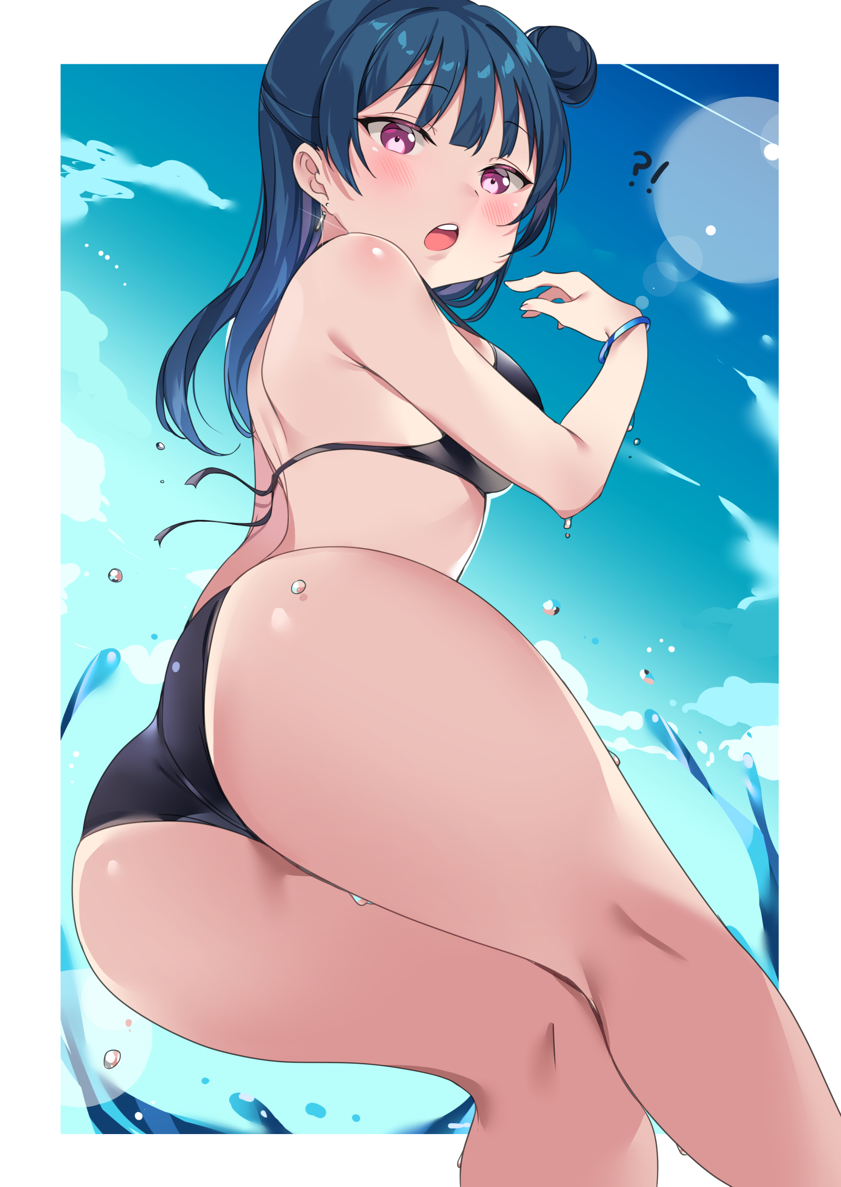 !, ?, 1girls, ass, ass focus, bikini, blue hair, blush, bracelet, earrings, female, from below, hi res, looking at viewer, looking down, love live!, love live! sunshine!!, ocean, open mouth, outside, pinup, purple eyes, sky, solo, solo focus, swimsuit, tem10, tsushima yoshiko, water, wet