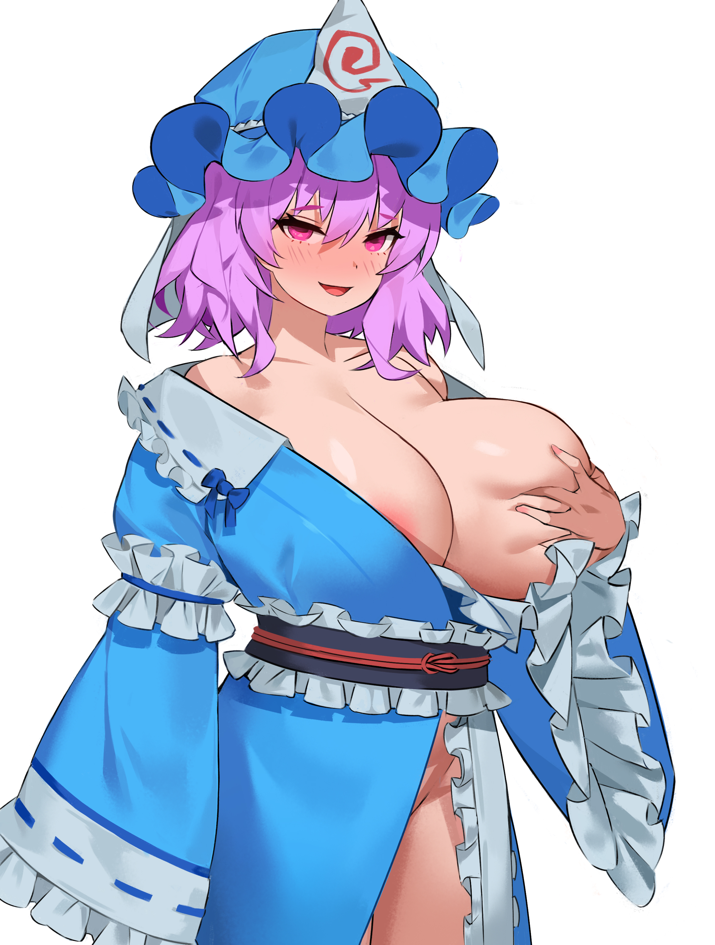 1girls, absurdres, areola slip, blue headwear, blue kimono, blush, breast hold, breasts, cleavage, cowboy shot, deep skin, facing viewer, female, frilled kimono, frilled sleeves, frills, grabbing, hat, highres, huge breasts, japanese clothes, kimono, light purple hair, long sleeves, looking at viewer, mob cap, no bra, no panties, obi, one breast out, one breast out of clothes, open clothes, open mouth, oreomanko, pink eyes, saigyouji yuyuko, sash, self fondle, short hair, simple background, smile, solo, standing, thighs, touhou, triangular headpiece, wavy hair, white background, wide sleeves, yuyuko saigyouji