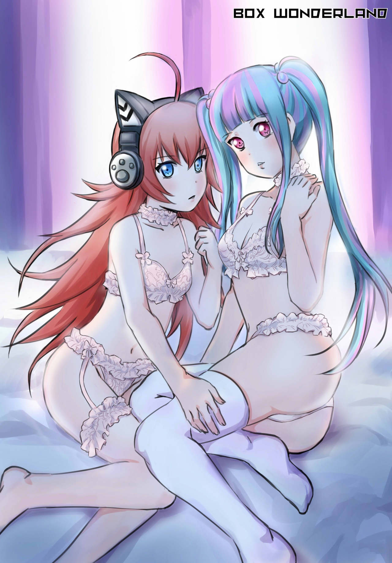 2girls ahoge ass bang_dream! blue_eyes box_wonderland bra breasts cat_ear_headphones clothing female headphones long_hair matching_underwear multicolored_hair nyuubara_reona open_mouth panties pink_eyes pink_legwear red_hair spread_legs tamade_chiyu thighhighs underwear white_bra white_legwear white_panties white_thighhighs