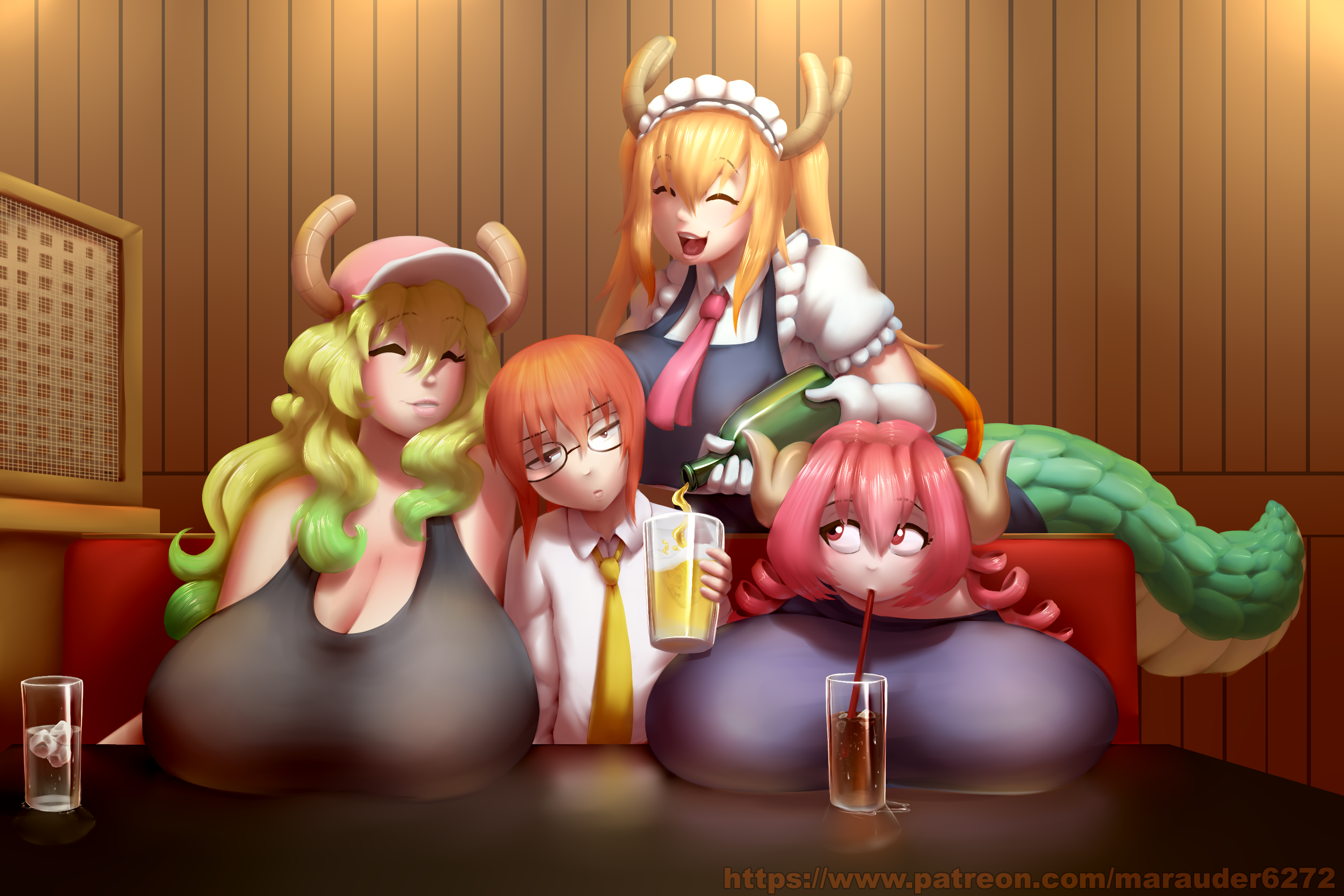 4girls, big breasts, breasts, cleavage, female, female only, hi res, huge breasts, hyper breasts, ilulu (dragon maid), kobayashi, lucoa, marauder6272, massive breasts, miss kobayashi's dragon maid, multiple females, multiple girls, no bra, public, quetzalcoatl (dragon maid), tohru (dragon maid)
