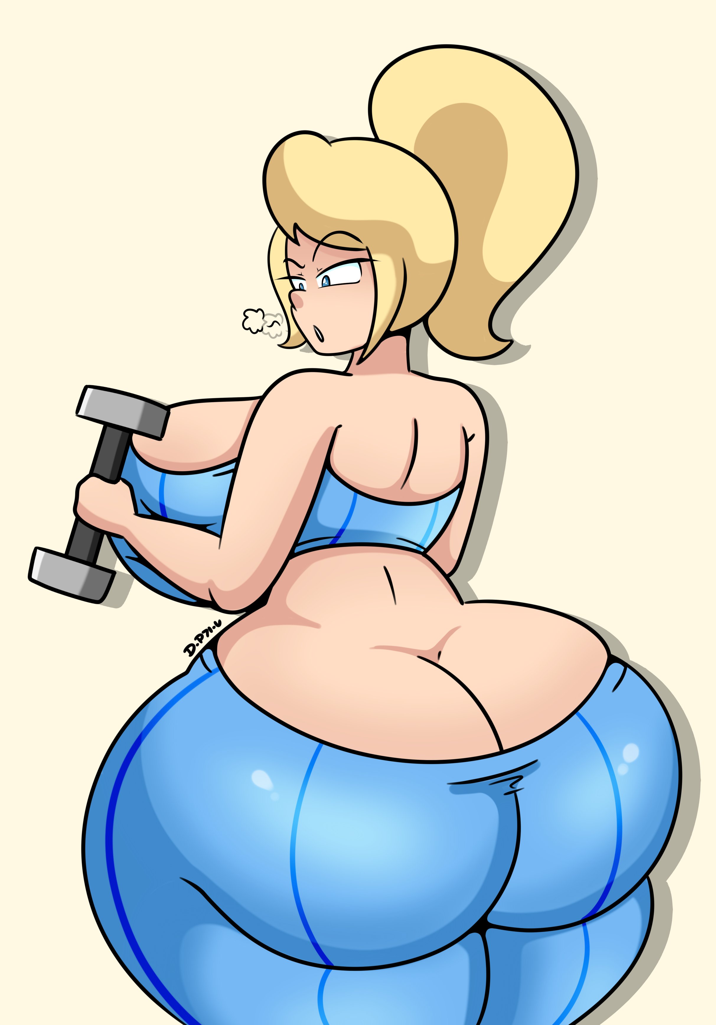 1girls, ass, ass cleavage, ass crack, ass focus, back view, big ass, big breasts, bimbo, blonde hair, blue eyes, breasts, bubble ass, bubble butt, butt crack, cleavage, daisy-pink71, exercise, fat ass, female, female only, giant ass, hi res, huge breasts, huge thighs, hyper, hyper ass, leggings, massive ass, massive breasts, metroid, nintendo, pinup, plump, samus aran, simple background, solo, solo focus, thick ass, thick thighs, tight clothing, undersized clothes, weights, wide hips, working out
