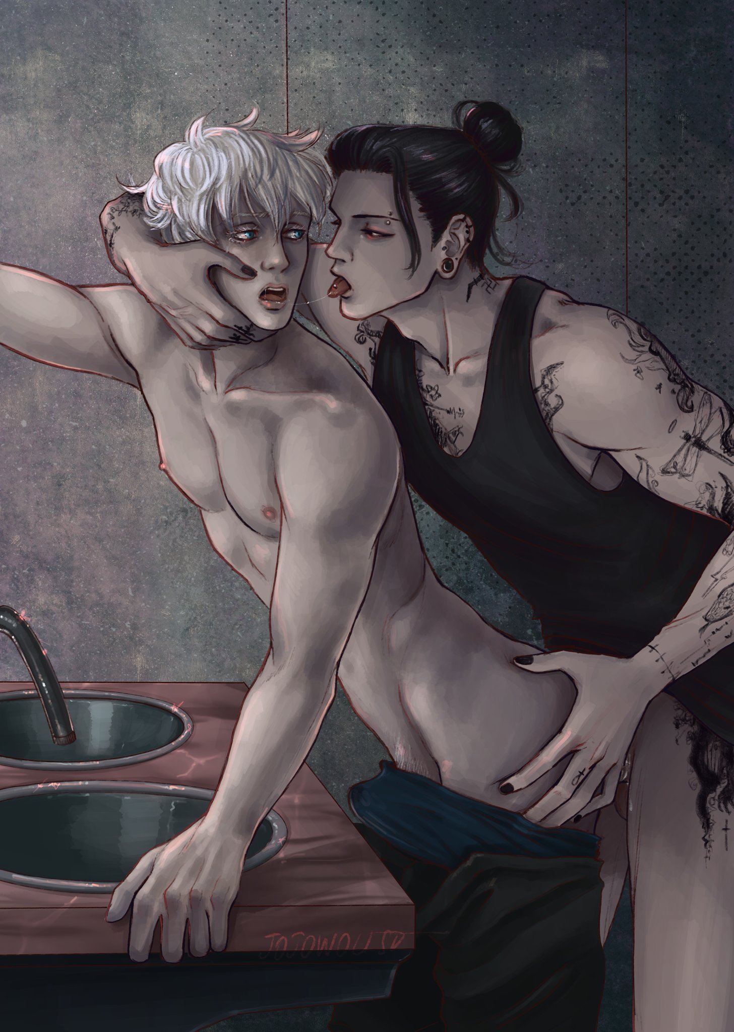 2boys, after kiss, alternate universe, anal, anal sex, ass, ass grab, black hair, black nail polish, black nails, chest tattoo, clothing, eyebrow piercing, gay, hand on ass, hand tattoo, jojowolist, jujutsu kaisen, leg tattoo, looking at partner, looking back, male, male penetrated, male penetrating, male penetrating male, male/male, nail polish, pants, pants pull, penetration, penis, penis in ass, piercing, piercings, pubes, pubic hair, satoru gojo, sex, shirtless, shirtless (male), standing, standing sex, suguru geto, tattoo, tattoo on chest, tattooed arm, tattoos, thigh tattoo, tongue, tongue out, tongue piercing, underwear, white hair, yaoi