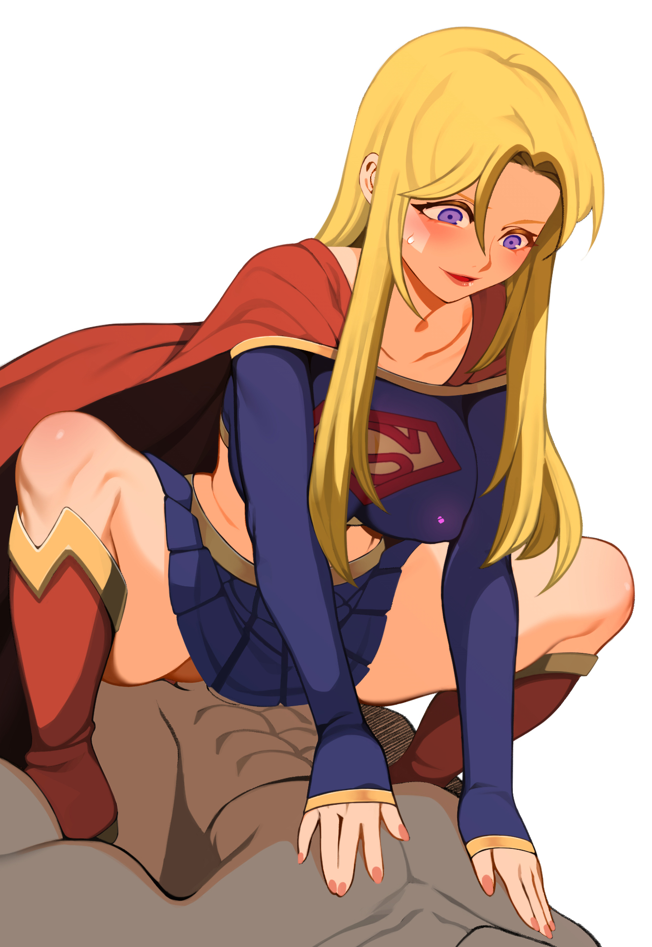 1boy, 1girls, blonde hair, blue eyes, bottomless skirt, breasts, clothed sex, clothing, cowgirl position, dark skin, dark-skinned male, dc, dc comics, eight, erect nipples, female, female on top, interracial, kara zor-el, large breasts, male, nipple bulge, nipples, sex, skirt, straight, supergirl, superheroine, superman (series)