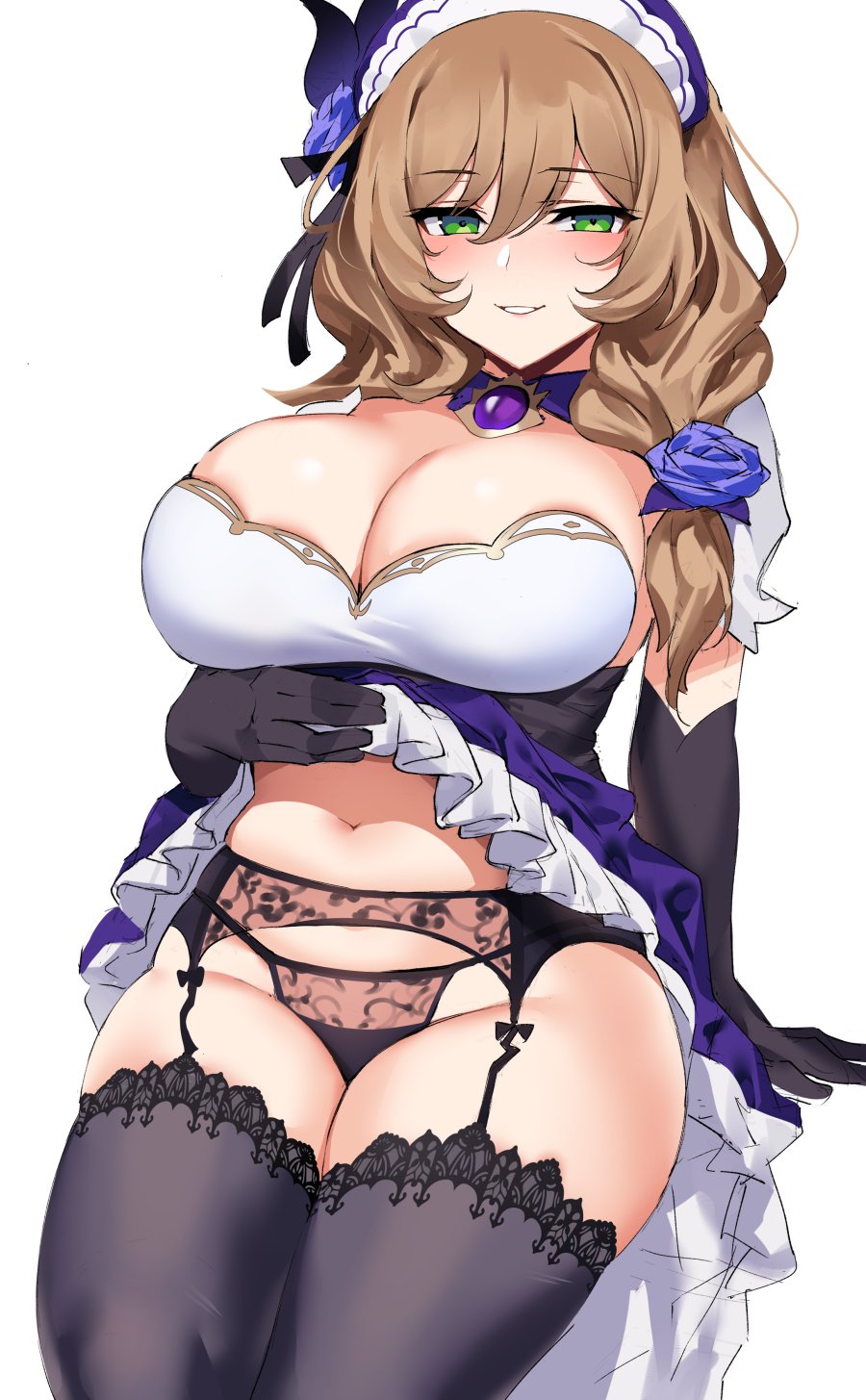 1girls, breasts, brown hair, cleavage, curvaceous, curvy, female, garter belt, garter straps, genshin impact, green eyes, hi res, large breasts, lisa (genshin impact), ndgd, smile, thick thighs, thighhighs
