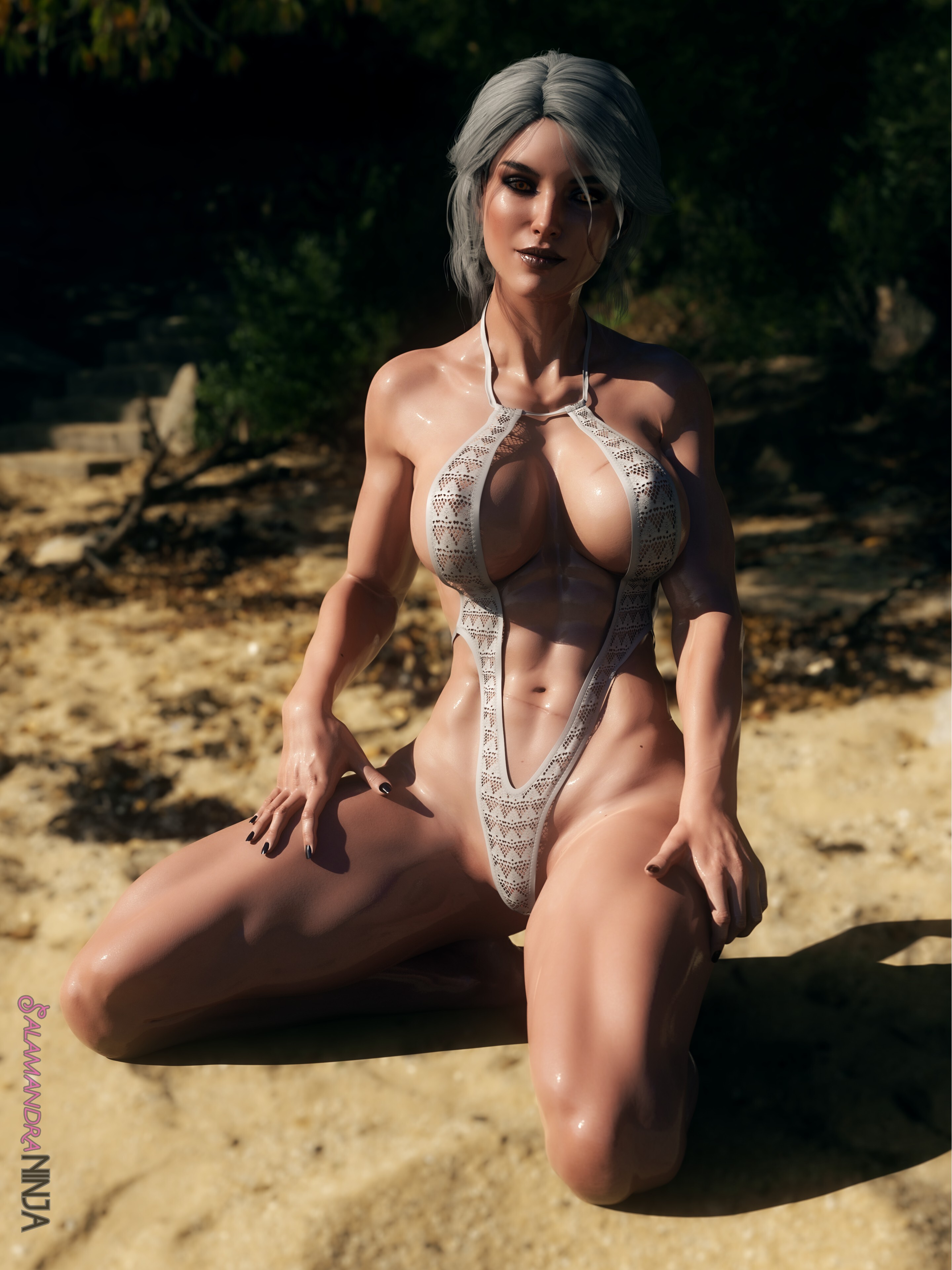 3d, abs, beach, black nails, breasts, cd projekt red, ciri, female, female only, large breasts, light skin, light-skinned female, salamandraninja, solo, the witcher (series), the witcher 3: wild hunt, white hair, yellow eyes