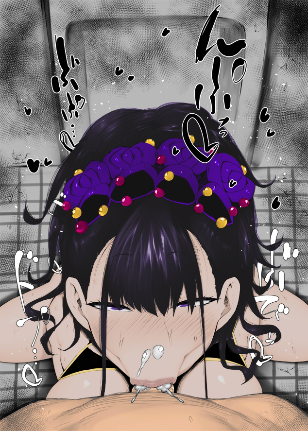 :>=, 1boy, 1girls, blowjob, cum, cum in mouth, cum in throat, cum inside, cum out nose, deepthroat, deepthroat no hands, eye contact, fate (series), fate/grand order, fellatio, female, grimtale, kurotama, light skin, light-skinned male, male, murasaki shikibu (fate), murasaki shikibu (swimsuit rider) (fate), naughty face, oral, pov, seductive eyes, third-party edit