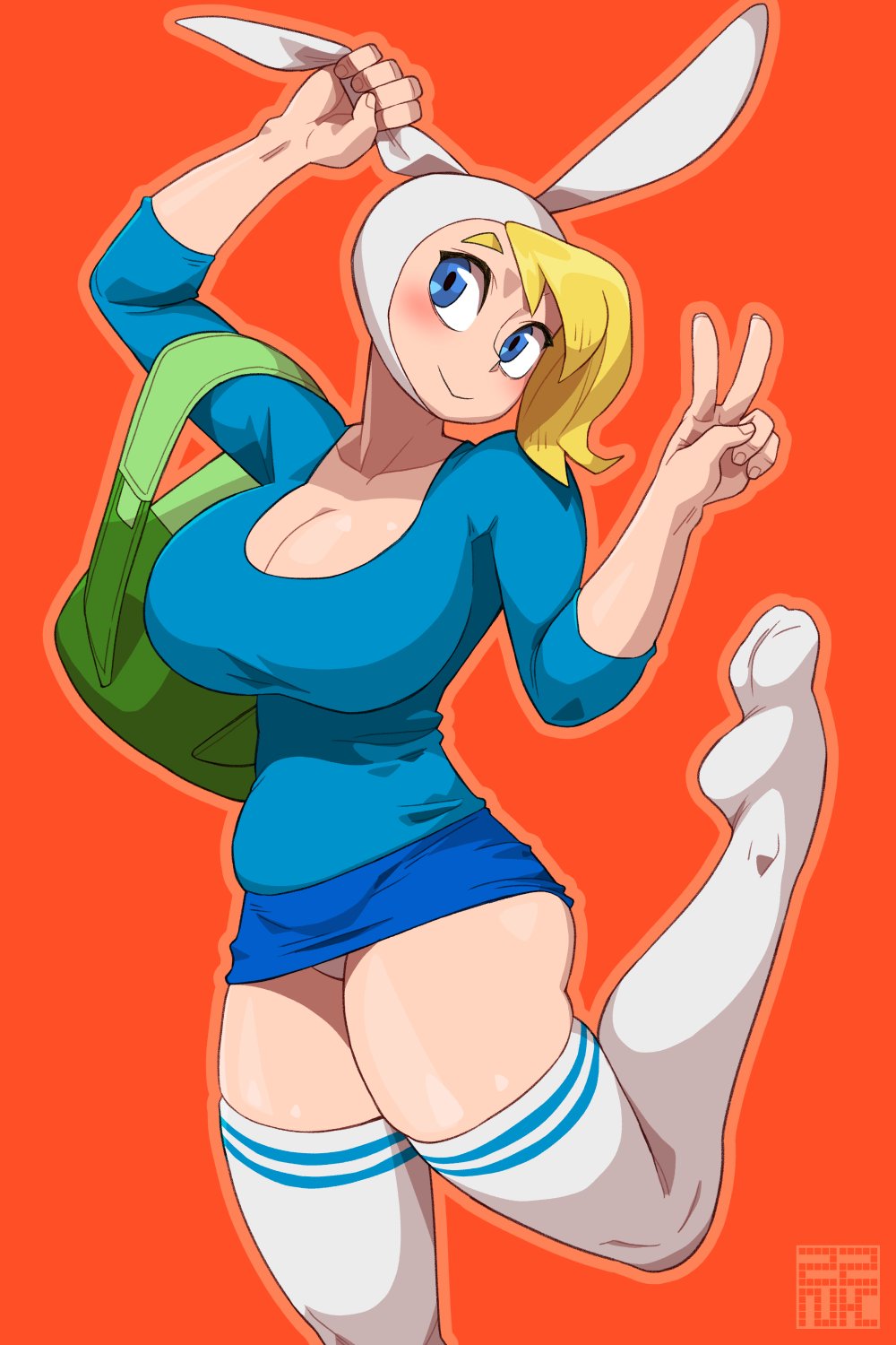 1girls, adventure time, alternate version available, backpack, bag, blonde hair, blue eyes, blush, breasts, bunny ears, cleavage, clothed, cute, female, female only, fionna the human girl, human, large breasts, microskirt, miniskirt, no shoes, one leg up, panties, pantyshot, peace sign, plain background, skirt, smile, solo, thick thighs, thighhighs, upskirt, v sign, zznakuu