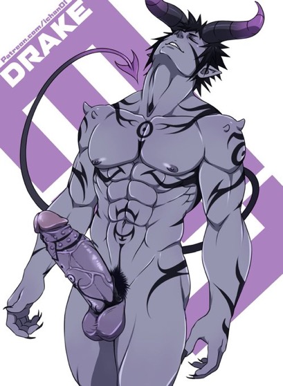 1boy, bara, big penis, demon, foreskin, fully retracted foreskin, horns, ichan, incubus, looking up, male, male focus, male only, penis, retracted foreskin, solo, solo focus, solo male, tagme, tail, uncircumcised, veiny penis, yaoi