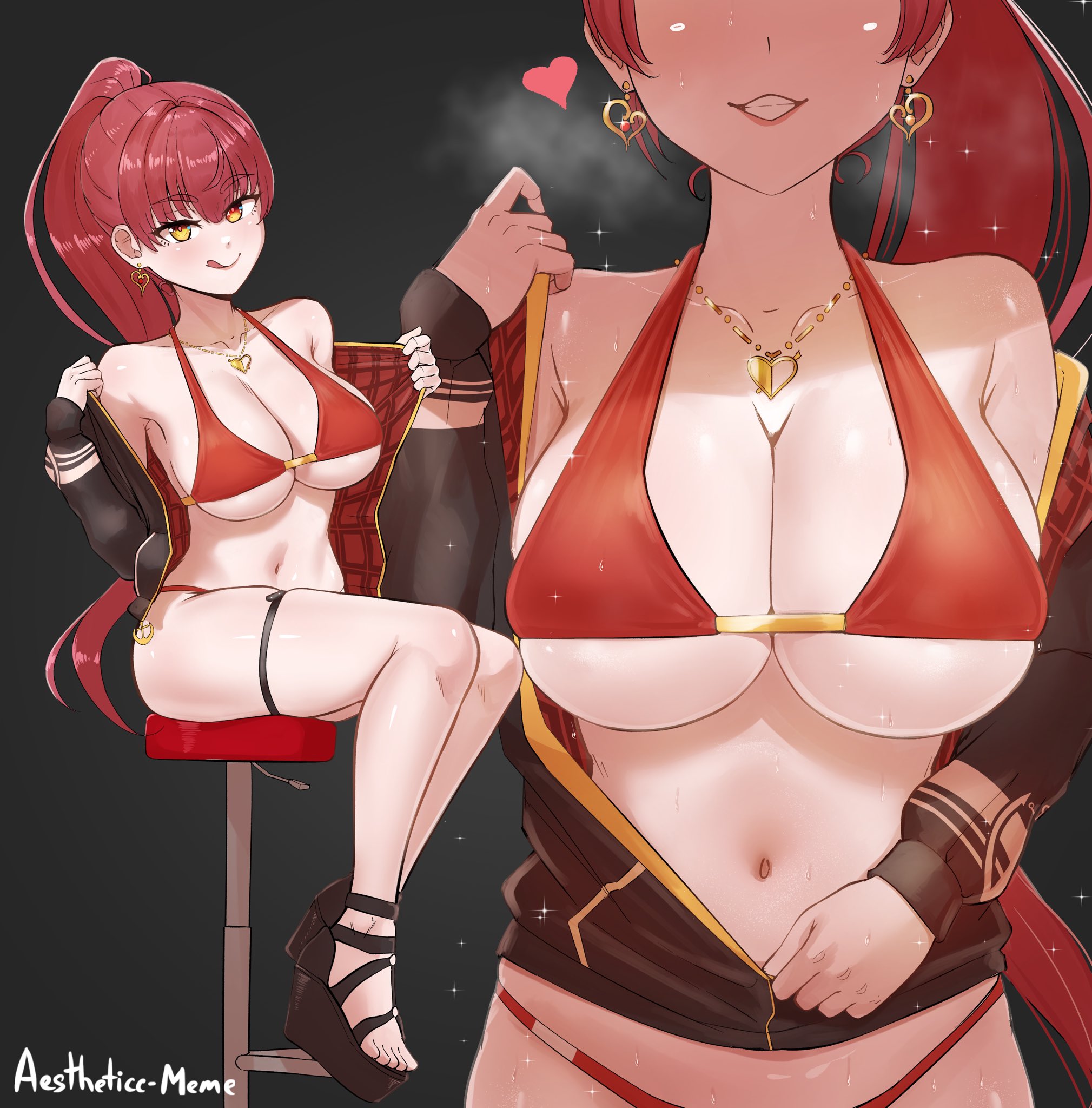 1girls, aestheticc-meme, bikini, blush, breasts, earrings, female, higher resolution available, hololive, hololive fantasy, hololive japan, houshou marine, large breasts, licking lips, long hair, ponytail, red hair, sweat, virtual youtuber