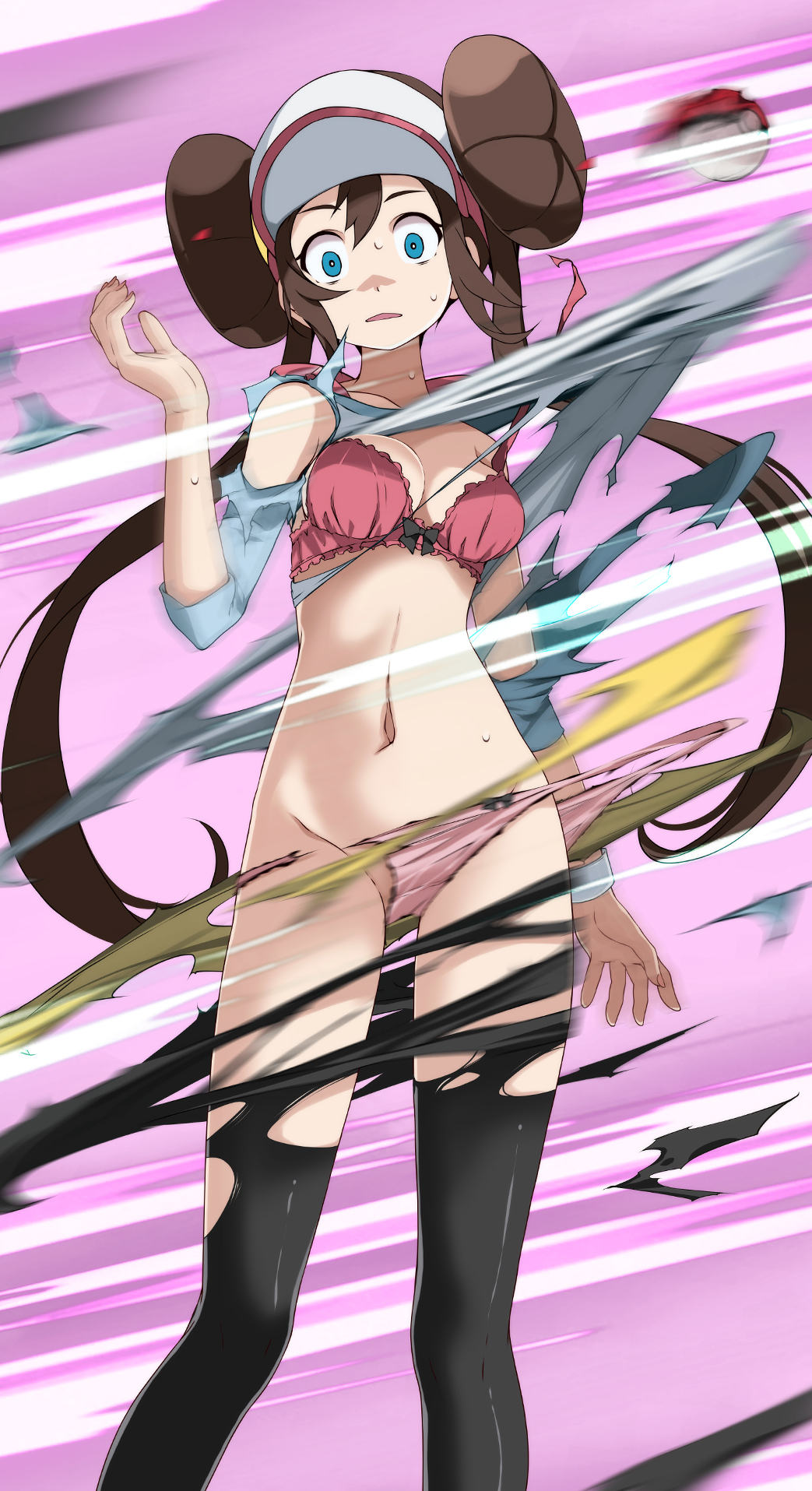 1girls, black legwear, black thighhighs, blue eyes, bra, breasts, brown hair, clothing, commentary request, creatures (company), double bun, doughnut hair bun, empty eyes, female, game freak, highres, long hair, looking at viewer, matching underwear, medium breasts, navel, nintendo, open mouth, panties, pantyhose, pink background, pink bra, pink panties, poke ball, pokemon, pokemon (game), pokemon bw2, rosa (pokemon), shirt, skirt, solo, standing, sweat, torn clothes, torn legwear, torn panties, torn shirt, tsukishiro saika, twintails, underwear, visor cap, wide eyed, yellow skirt