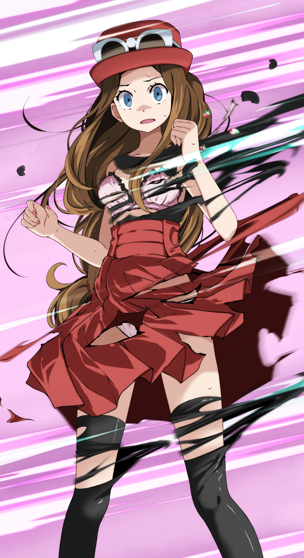 1girls, black legwear, black thighhighs, blue eyes, bra, breasts, brown hair, clothing, creatures (company), female, fingernails, game freak, hat, highres, long hair, looking at viewer, matching underwear, nail polish, nintendo, open mouth, panties, pink bra, pink nails, pink panties, pokemon, pokemon (game), pokemon xy, red headwear, red skirt, serena (pokemon games), serena (pokemon), skirt, solo, spread legs, standing, thighhighs, torn clothes, torn legwear, torn skirt, tsukishiro saika, underwear, wide eyed