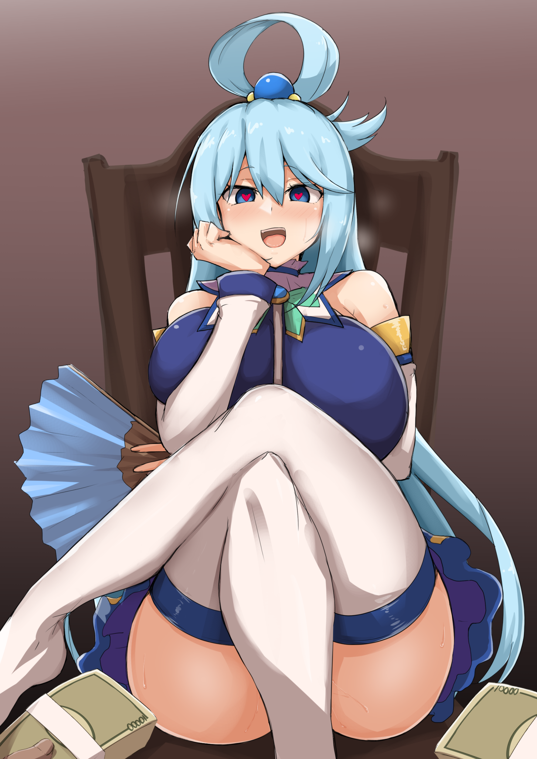 1girls, aqua (konosuba), big breasts, blue hair, breasts, crossed legs, female, kono subarashii sekai ni shukufuku wo!, large breasts, long hair, sitting, thick thighs, yamaori