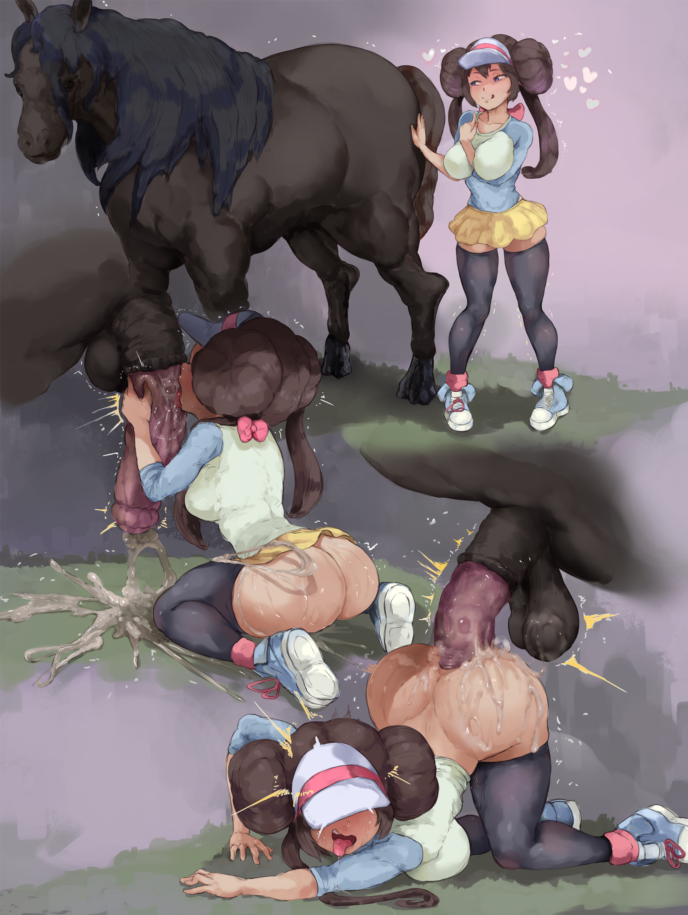 1animal, 1boy, 1girls, anal, anal sex, animal genitalia, animal penis, arm between breasts, ass, ass up, balls, big ass, big balls, big breasts, big butt, big penis, black fur, blue eyes, bottomless, breasts, brown hair, cum, cum in ass, cum inside, cum on ass, equine, equine penis, fellatio, female, feral, feral on female, footwear fetish, fur, gutti, handjob, horse, horse penis, horsecock, huge ass, huge cock, human, interspecies, kneeling, large penis, licking, licking lips, licking penis, male, nintendo, no panties, on knees, open mouth, oral, penis, pokemon, pokemon bw2, rosa (pokemon), shirt, shoes, skirt, sneakers, testicles, thick ass, thick thighs, thighhighs, thighs, tongue, tongue out, top-down bottom-up, veiny penis, visor, visor cap, zoophilia
