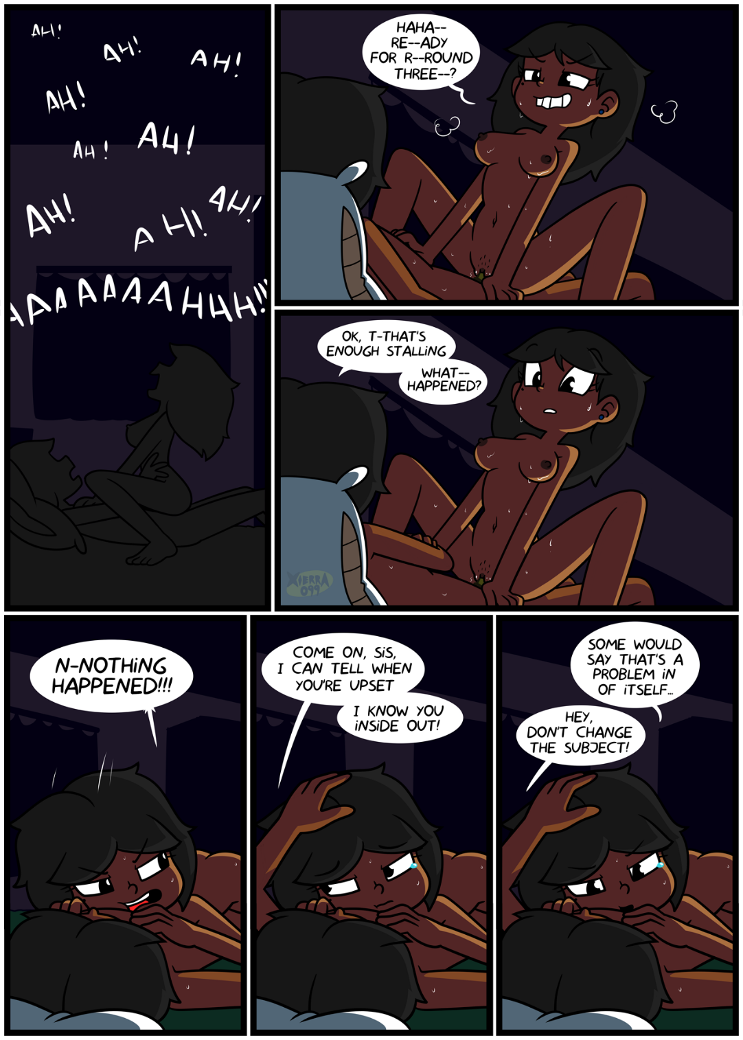 1boy, 1girls, angry, angry sex, ass, black eyes, black hair, breasts, brother, brother and sister, comic, comic page, condom, condom on penis, conversation, cowgirl position, dark skin, dark-skinned female, dark-skinned male, dialogue, female, incest, laying on top, legs apart, legs open, legs spread, lovin sis, lovin'sis, male, mike (xierra099), moaning, naked, naked female, naked male, nipples, nude, nude female, nude male, older brother, older brother and younger sister, orgasm, penis, penis in pussy, petting head, pussy, sex, sex on bed, siblings, sister, taboo, trimmed pubic hair, unseen male face, valerie (xierra099), xierra099, younger sister
